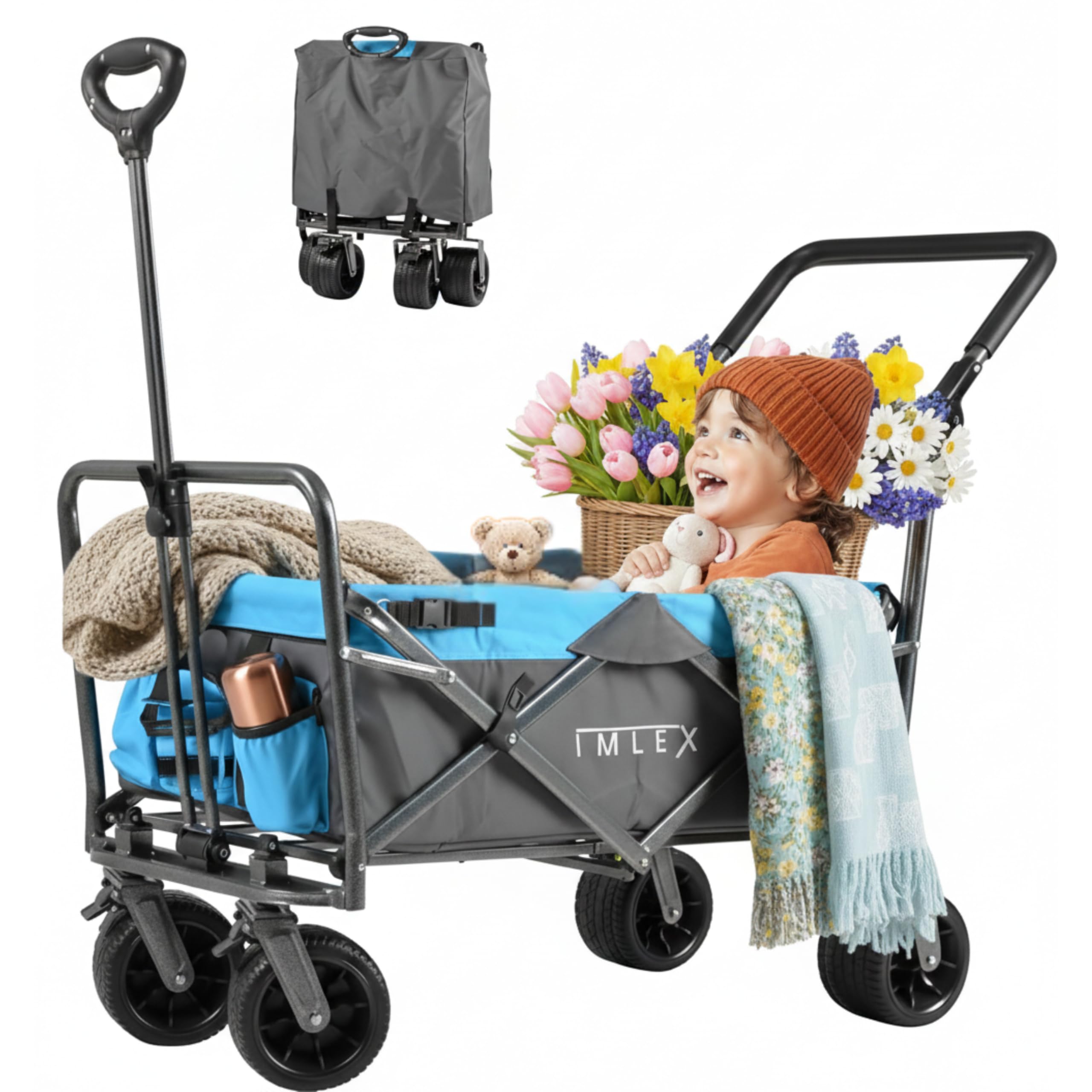 IMLEX Bollerwagen IM-4275 faltbar Azurblau Bollerwagen klappbar mit Schiebegriff Transportwagen mit 3-Punkt-Gurtsystem