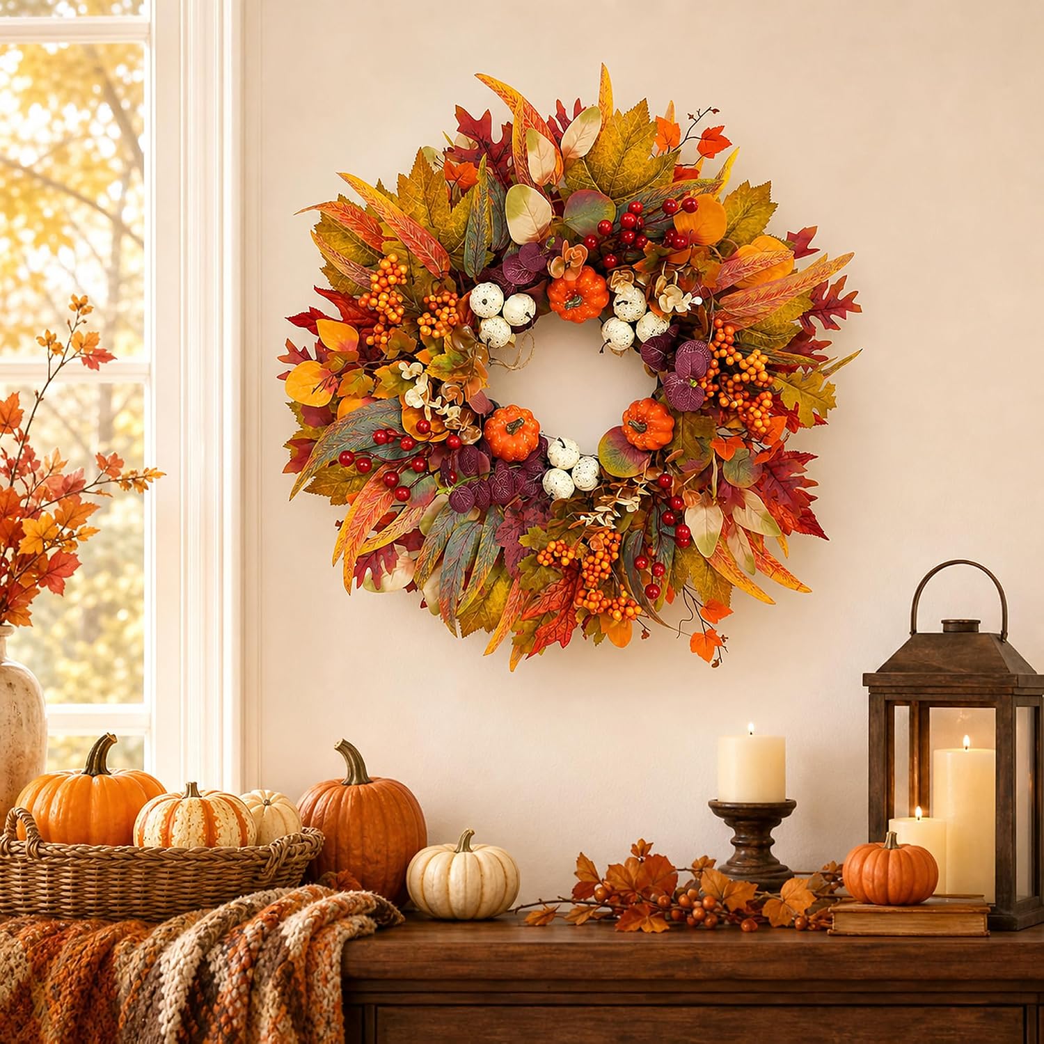 20Inch Fall Wreath for Front Door, Removable Welcome Sign