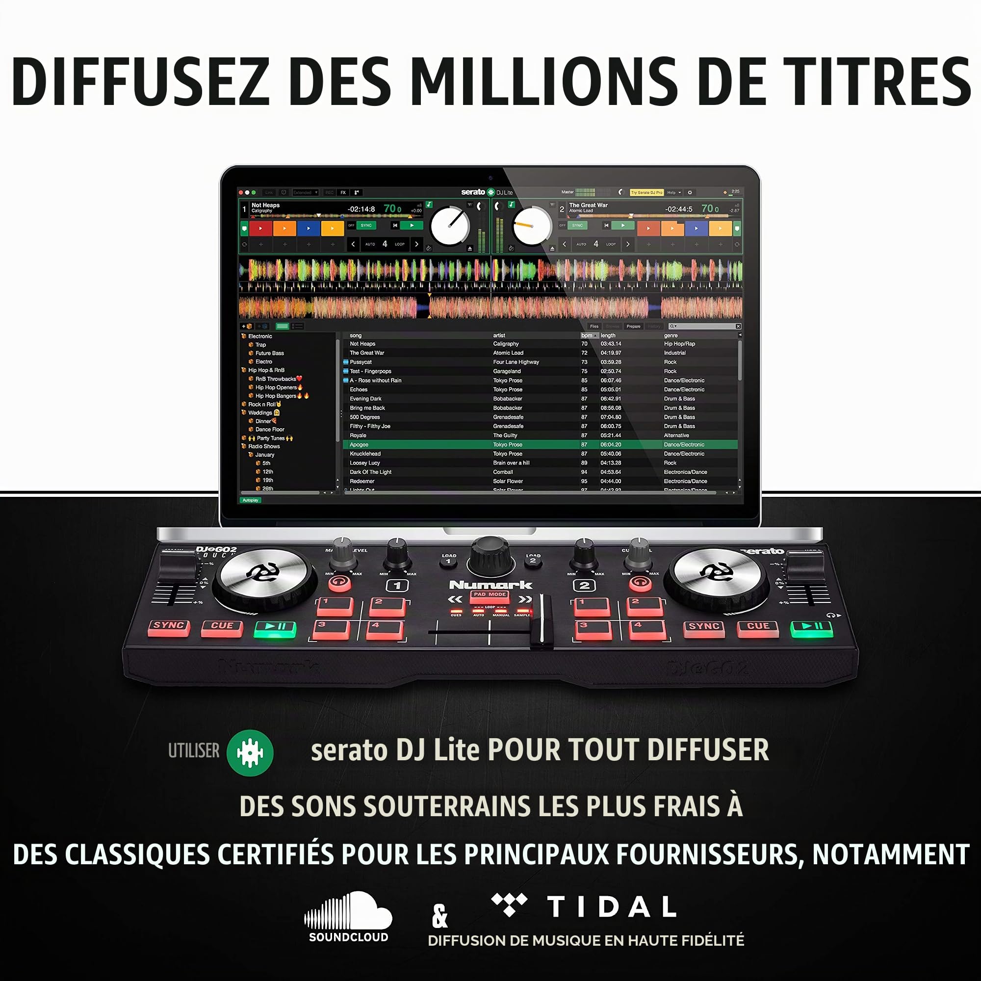 Numark DJ2GO2 Touch et HF125 – Contrôleur DJ USB 2 Decks Compact pour Serato DJ avec Table de Mixage DJ, Carte son Intégrées et Casque Audio DJ Inclus