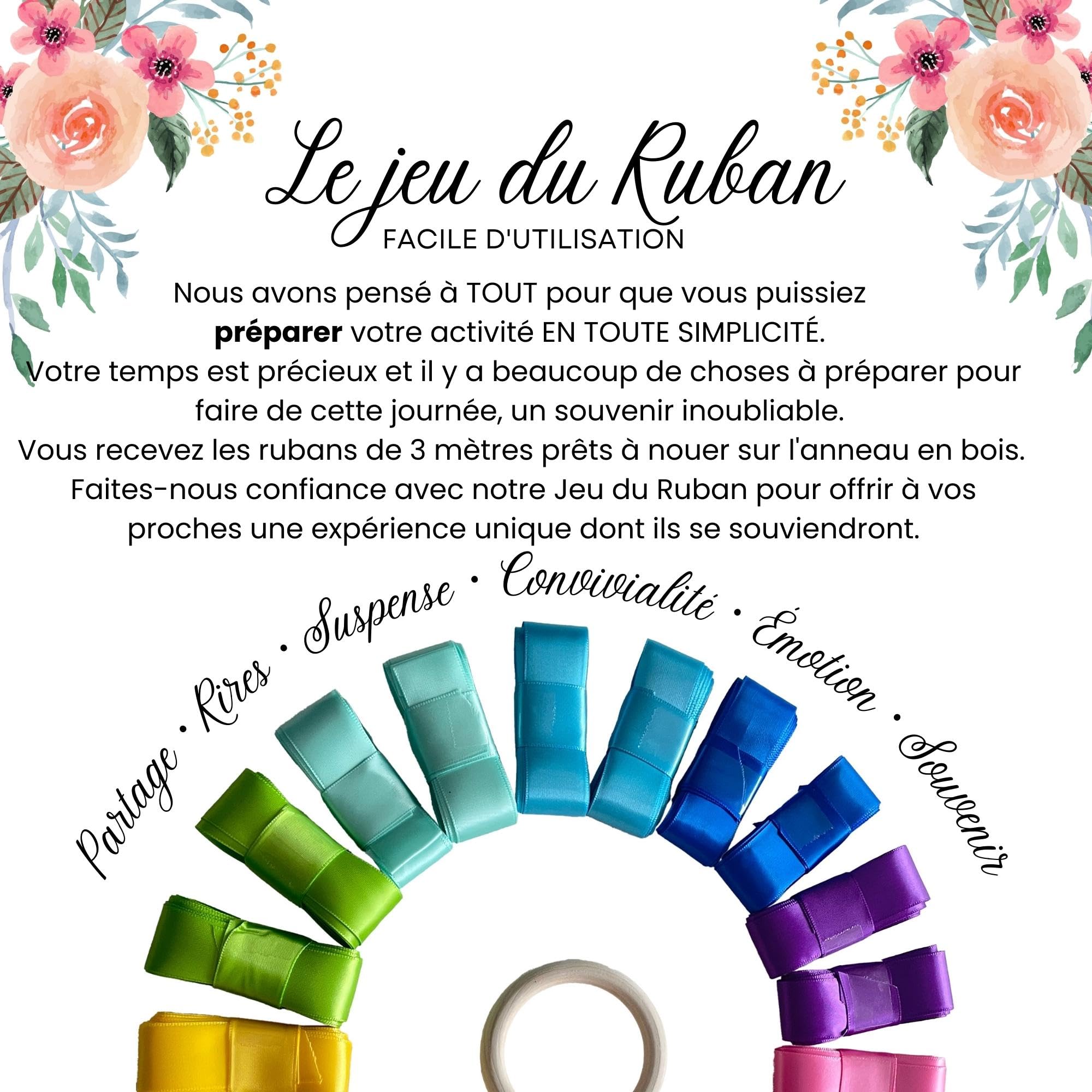 Ronde des rubans-Jeu du ruban mariage- A MONTER-Ruban satin-Cadeau mariée-Décoration fête-Bouquet de la mariée- 20 ruban-10 couleurs-Anneau Bois inclus-Idée cadeau EVJF