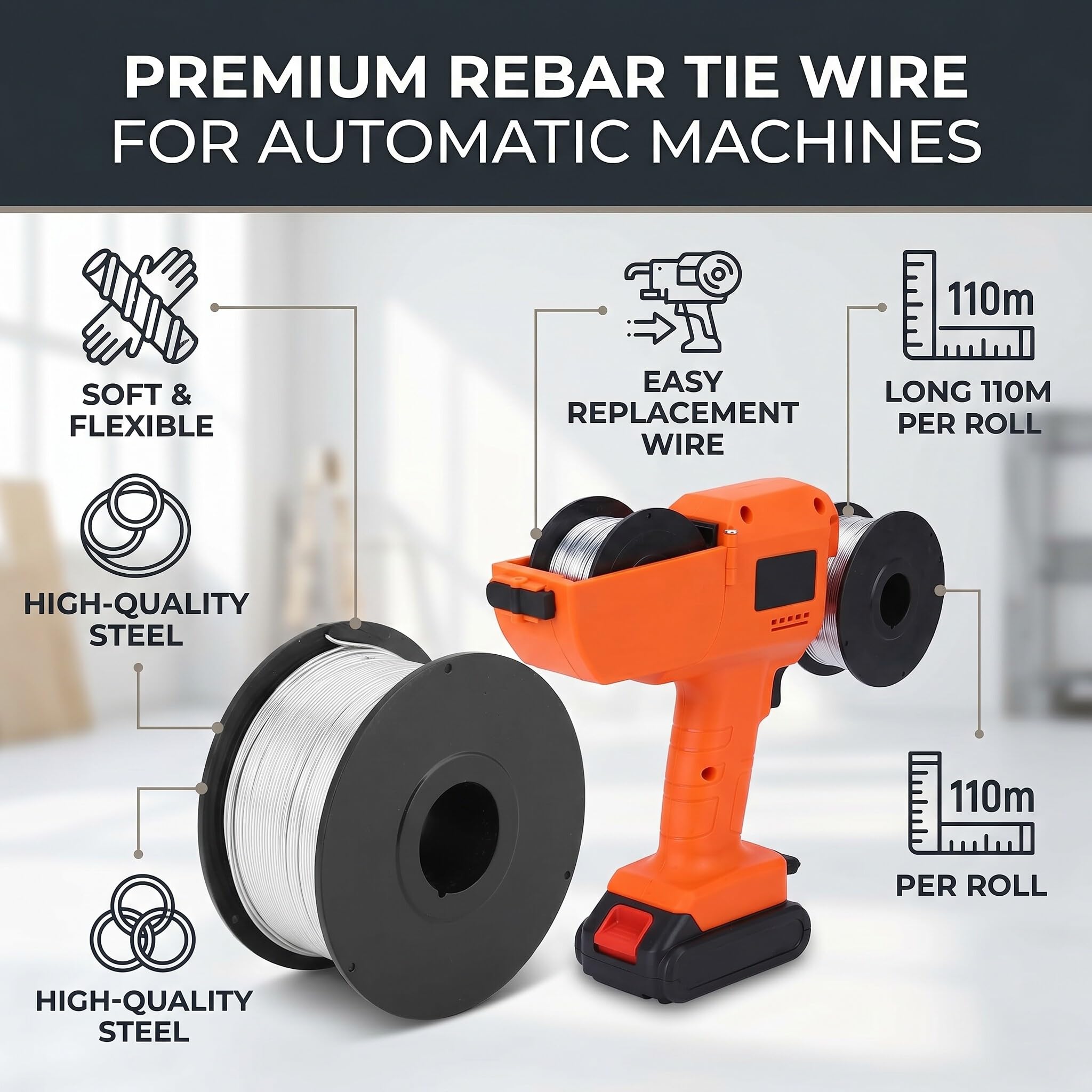 Fil D'attache de Barre D'armature en Acier de 110 M, 0,8 Mm, Doux et Flexible, Fil de Remplacement pour Machine à Attacher Automatique, 4 Rouleaux de Fil D'acier Inclus