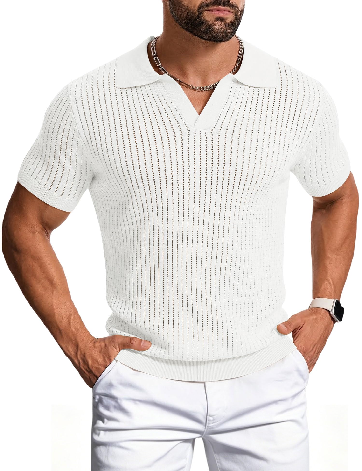 Polo da uomo a costine in maglia cava a maniche corte con scollo a V