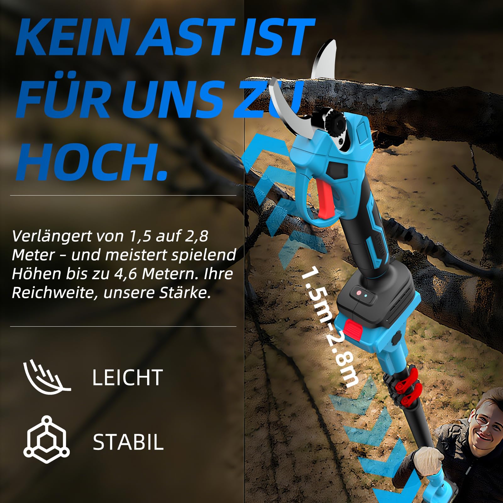 Teleskopstange für Akku-Astschere und Hochentaster, 1,2–2,5 m ausziehbar, 180° verstellbarer Kopf, Arbeitshöhe bis 4,6 m – Kompatibel mit Makita 18V/21V