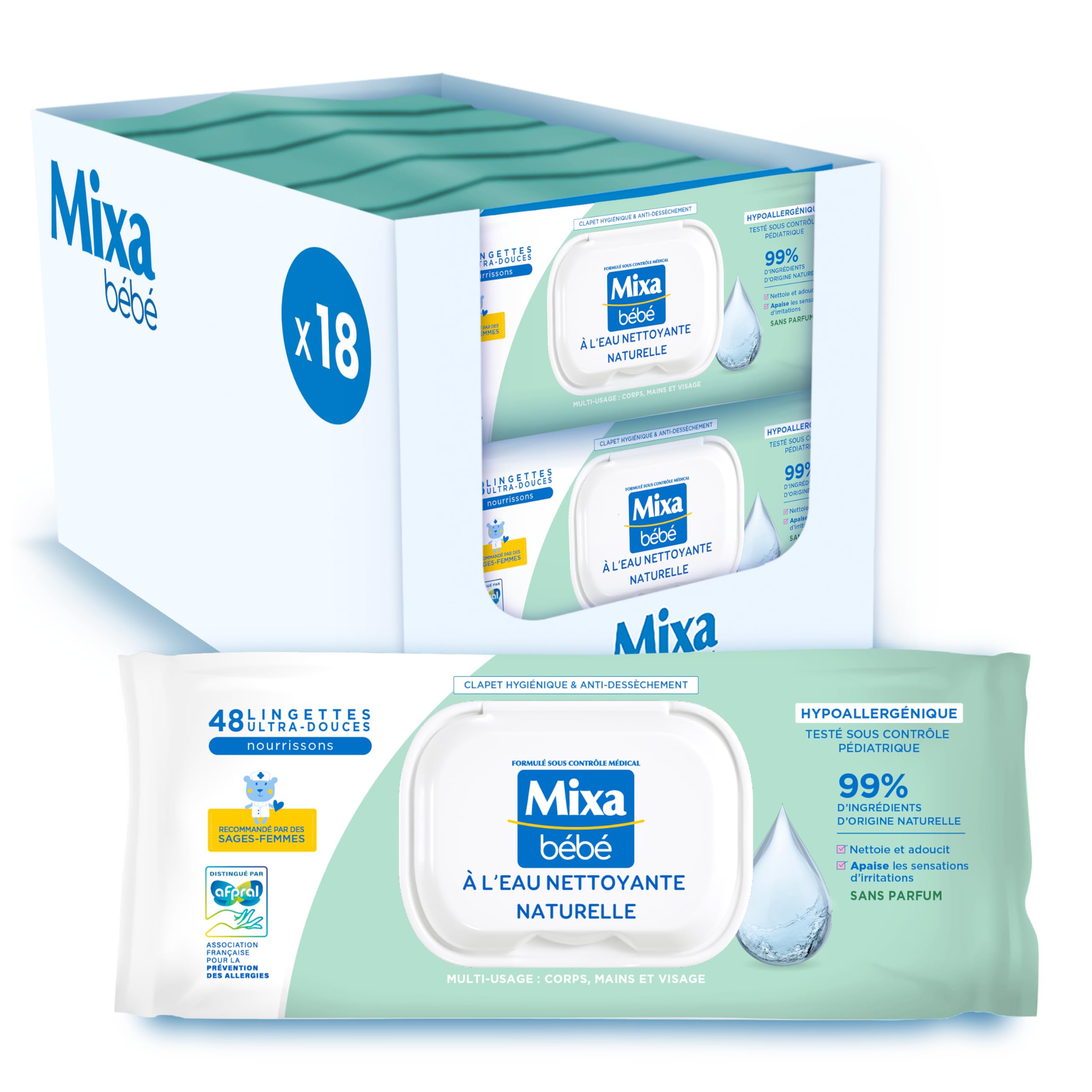 Mixa Salviette per neonati detergenti ad acqua naturale, confezione da 18 x 48 salviette