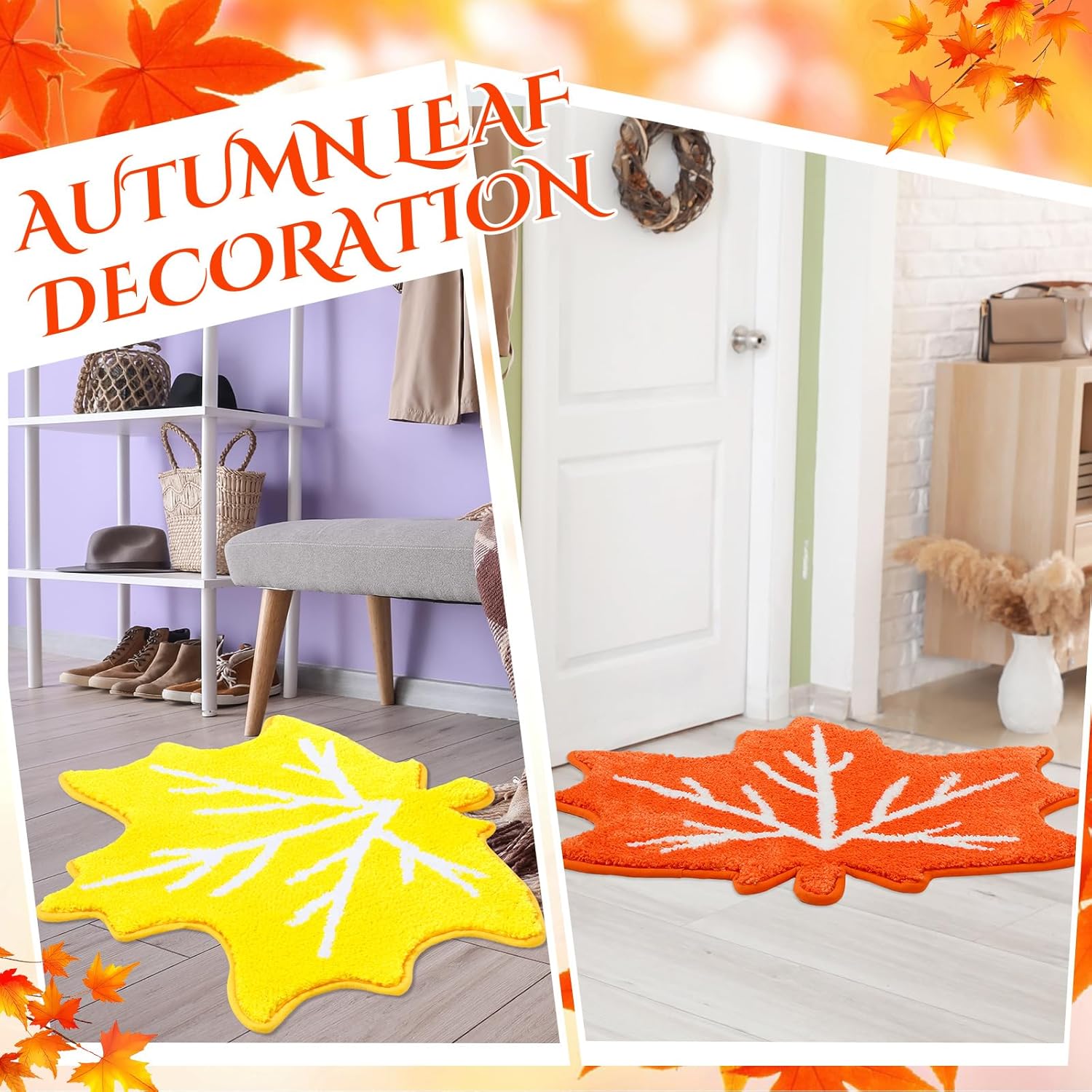 Cindeer Fall Bathroom Rug Thanksgiving Day Doormat Maple Leaves Decor Autumn Kitchen Mat Non Slip Floor Bath Rug Decorative for Home Harvest Decoration Bedroom 23.6" x 25.6"(Yellow, Orange, Red,3 Pcs)