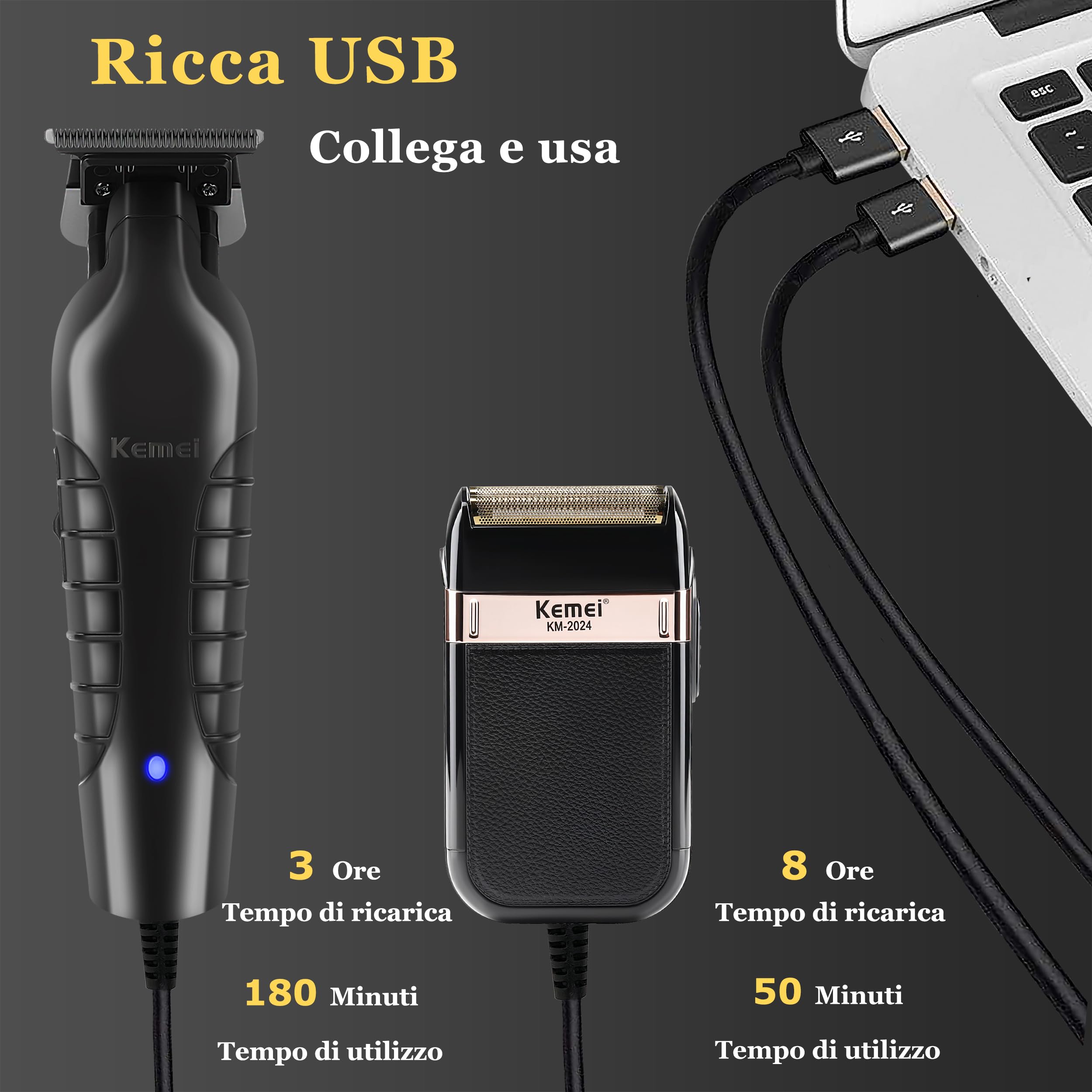 KEMEI Set di rasoio e rasoio 2 in 1 per uomo | T Blade - Rasoio da barba e rasoio elettrico senza fili, da uomo, contorno professionale, ricarica USB, 2024+PG2299