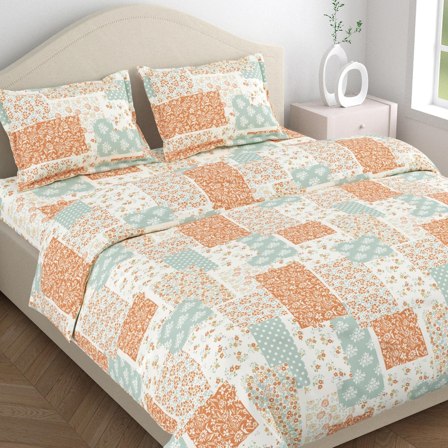 haus & kinder Bedsheet for Double Bed | 144 TC Pure Cotton Queen Size Bed Sheet with 2 Pillow Covers (100 x 90 Inches) | Soft Breathable Fabric - Patch Bliss