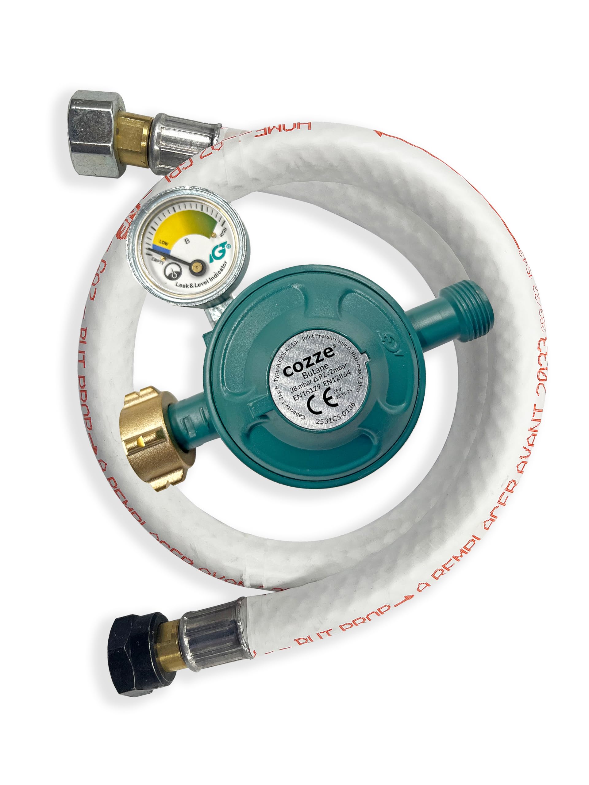 Cozze® Détendeur Gaz avec Manomètre 28 mbar – Spécial France – Tuyau Flexible 1,1 m – Sécurité Fuite – Adaptateur 1/4" à 1/2" – Compatible Fours à Pizza Cozze®