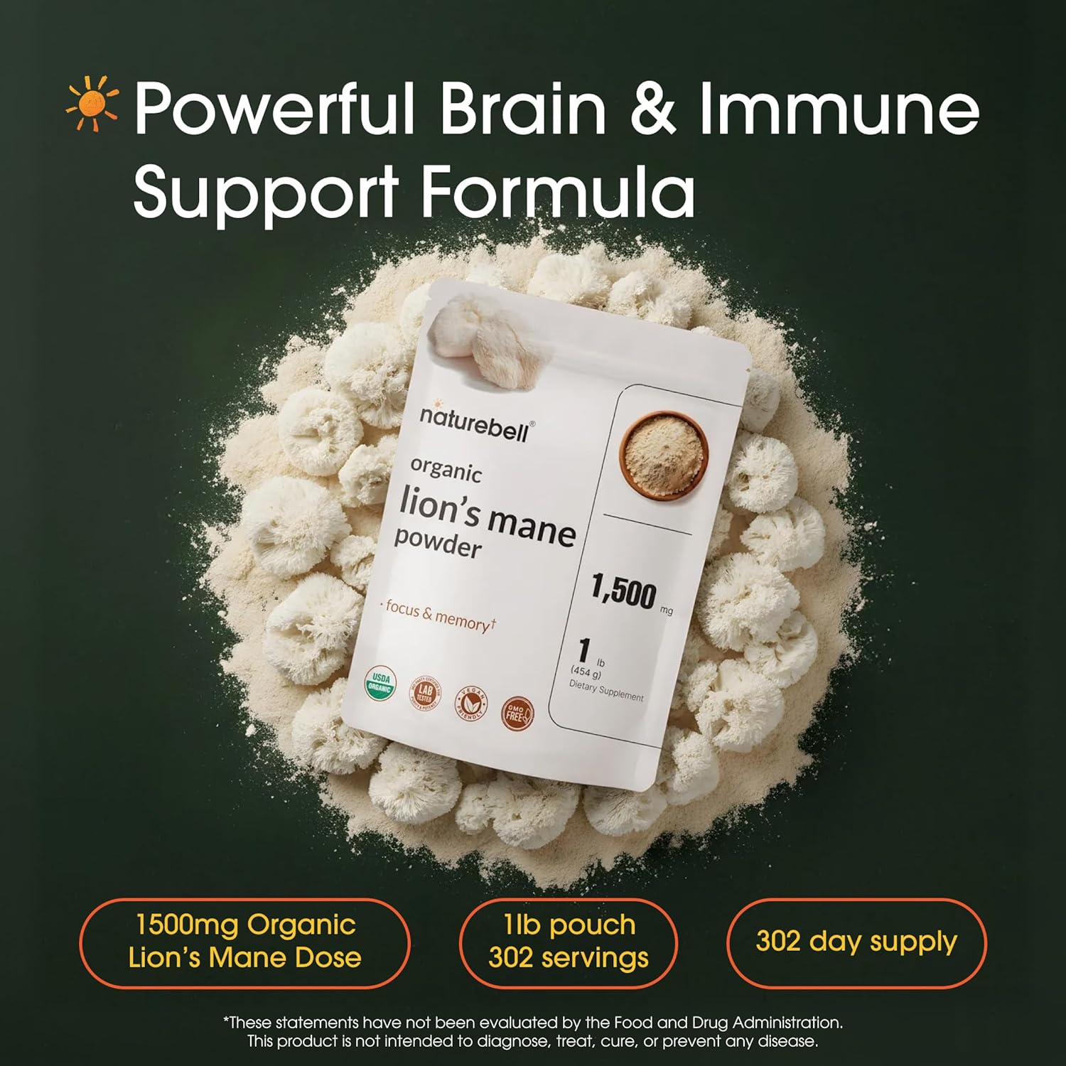 NatureBell Organic Lion’s Mane Powder 1,500mg - 1 lb - Brain, Focus & Memory Support* - Whole Fruiting Body & Mycelium - Non-GMO & Gluten-Free