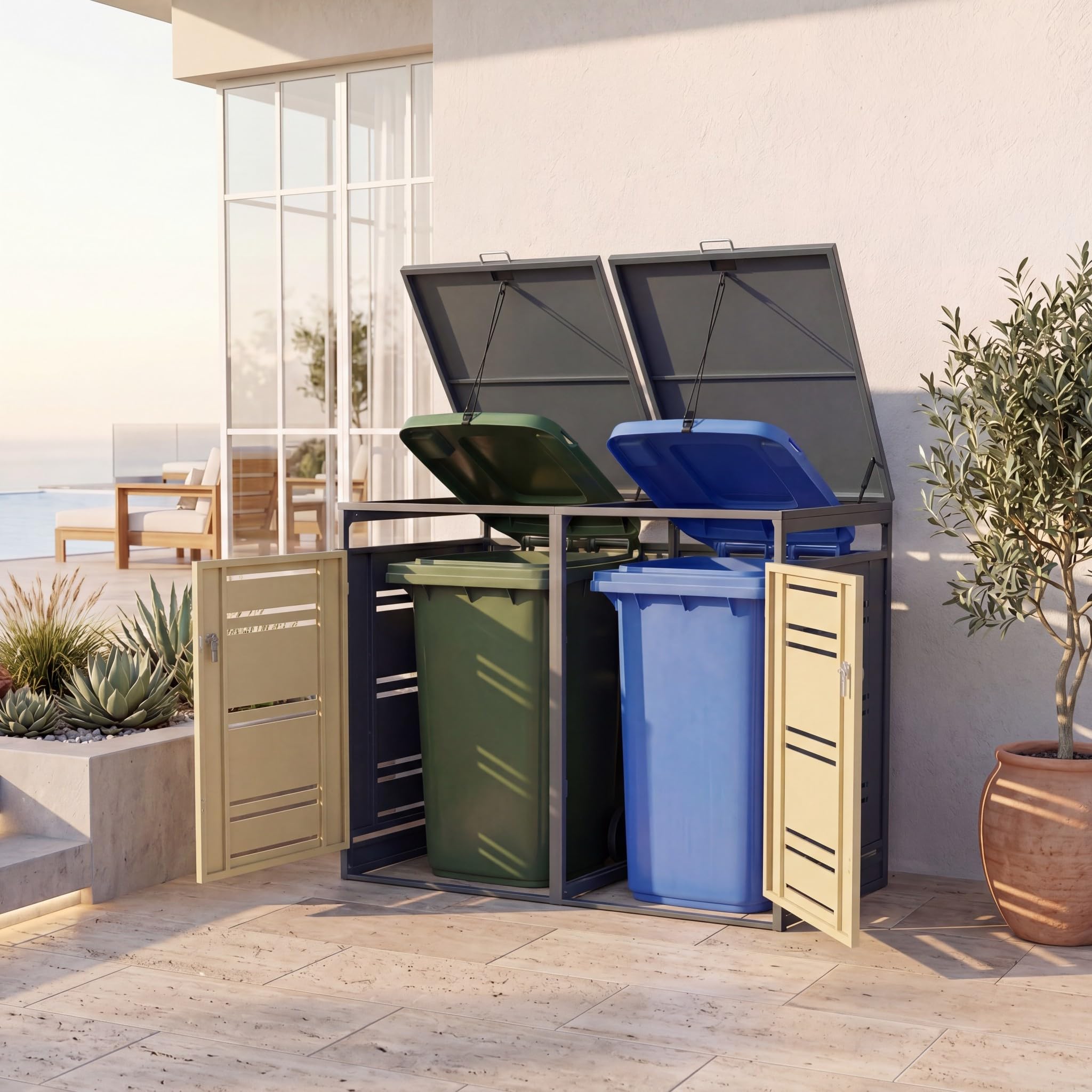 GYMAX Mülltonnenbox 2er, Mülltonnenhaus für 2X Tonnen 120-240 Liter, Mülltonnenverkleidung mit abschließbarer Tür & Gasdruckfeder, Mülltonnenhäusschen, Mülleimerboxen, Aufbewahrungsbox (Grau+Gelb)