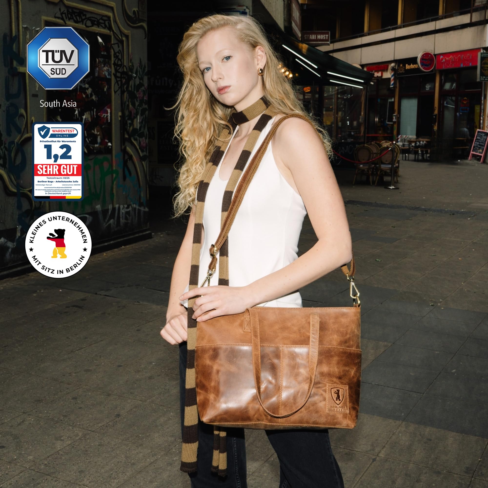 Berliner Bags Vintage Arbeitstasche Julia, Große Umhängetasche aus Leder, Schultertasche mit 14" Laptopfach, Handtasche für Damen