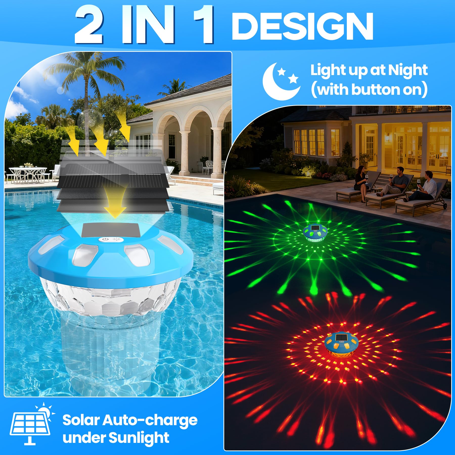 KingSom 2026 Dosierschwimmer Pool, Chlor Dosierschwimmer mit LED-Licht, Tastenbedienung Solar Pool Dosierschwimmer, Einstellbare Pool Chlor Schwimmer für 4 * 3" Chlortabletten, Chlordosierer für Pool