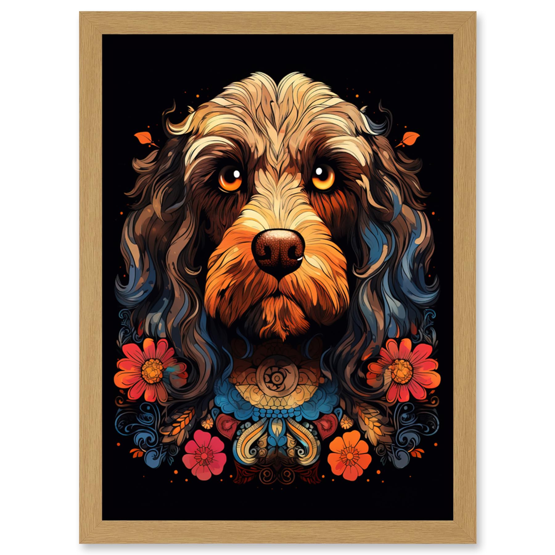 Artery8 Cockapoo Dog with Ornate Collar and Flowers Symmetrical Floral Artwork Orange Pink Blue Tribal Design on Black Artwork Framed Wall Art Print A4