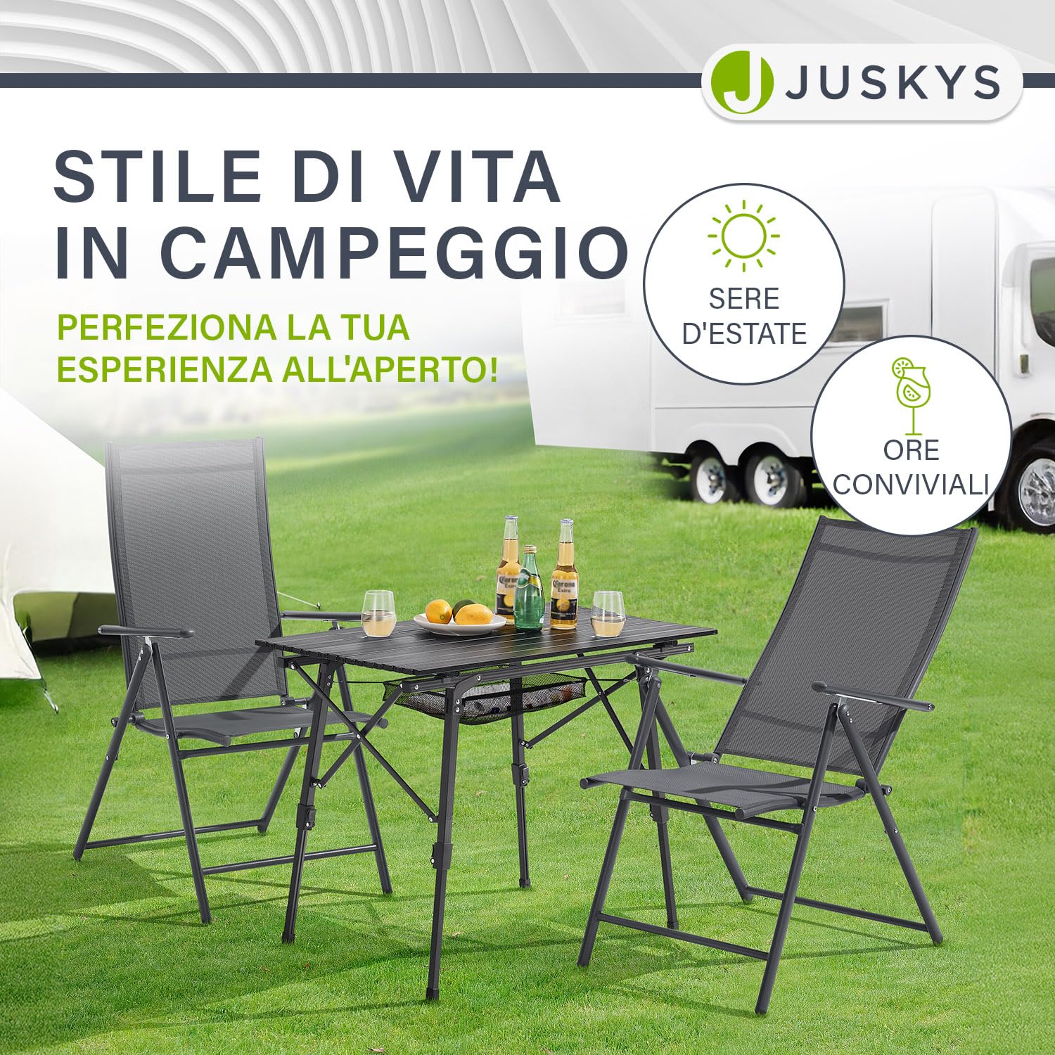 Juskys Sedie da giardino Calena set 4 pezzi antracite – Schienale regolabile in 7 posizioni – pieghevoli con struttura in acciaio e tessuto traspirante