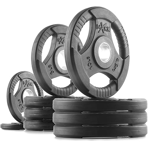 XMARK TRI-GRIP Pair or Set of Olympic Weight Plates, Rubber Coated Exercise Weights for Olympic Barbell, Strength Training Weight Set for Home Gym