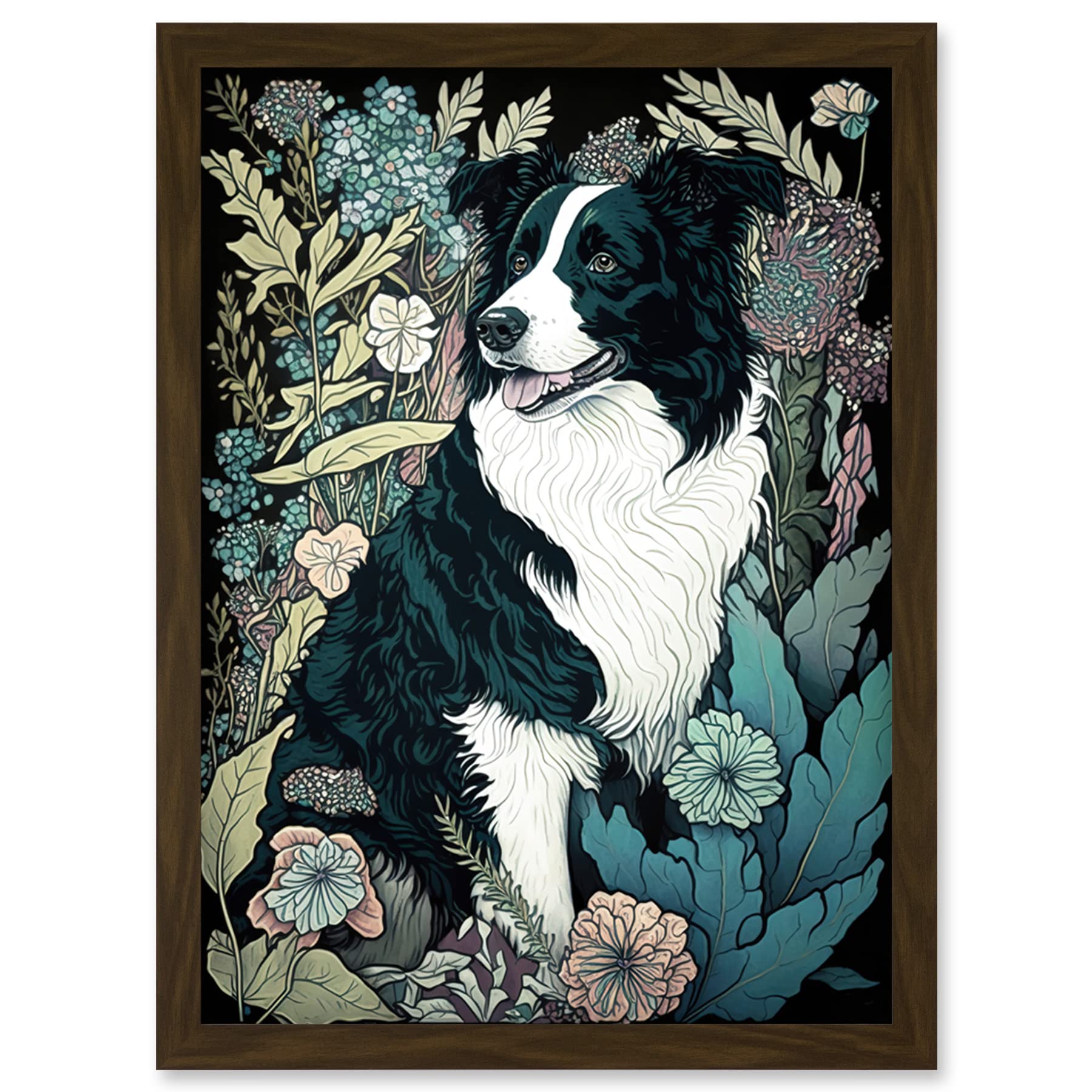 Artery8 Border Collie Dog in Wildflower Field Modern Illustration Artwork Framed Wall Art Print A4