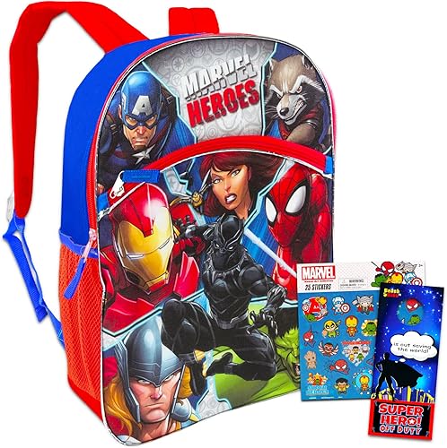 Marvel Mochila Avengers para niños, paquete con mochila Avengers de 16 pulgadas con Iron Man, Capitán América, Spiderman y más calcomanías Spiderman