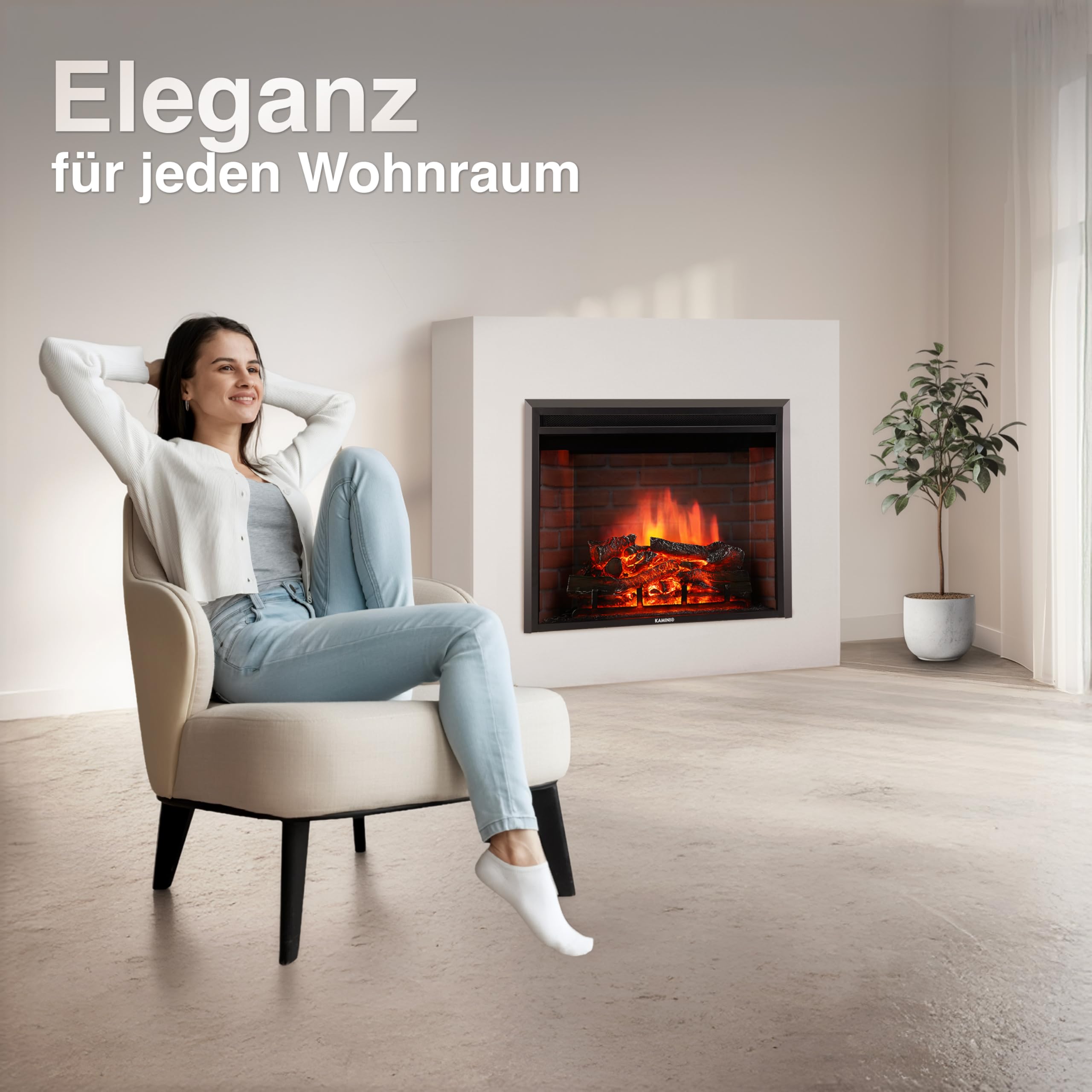 KAMINIO Elektrokamin Luca - Elektrischer Einbaukamin mit Heizung, 3D-Flammeneffekt, 12 Flammenfarben, Fernbedienung - 30 Zoll
