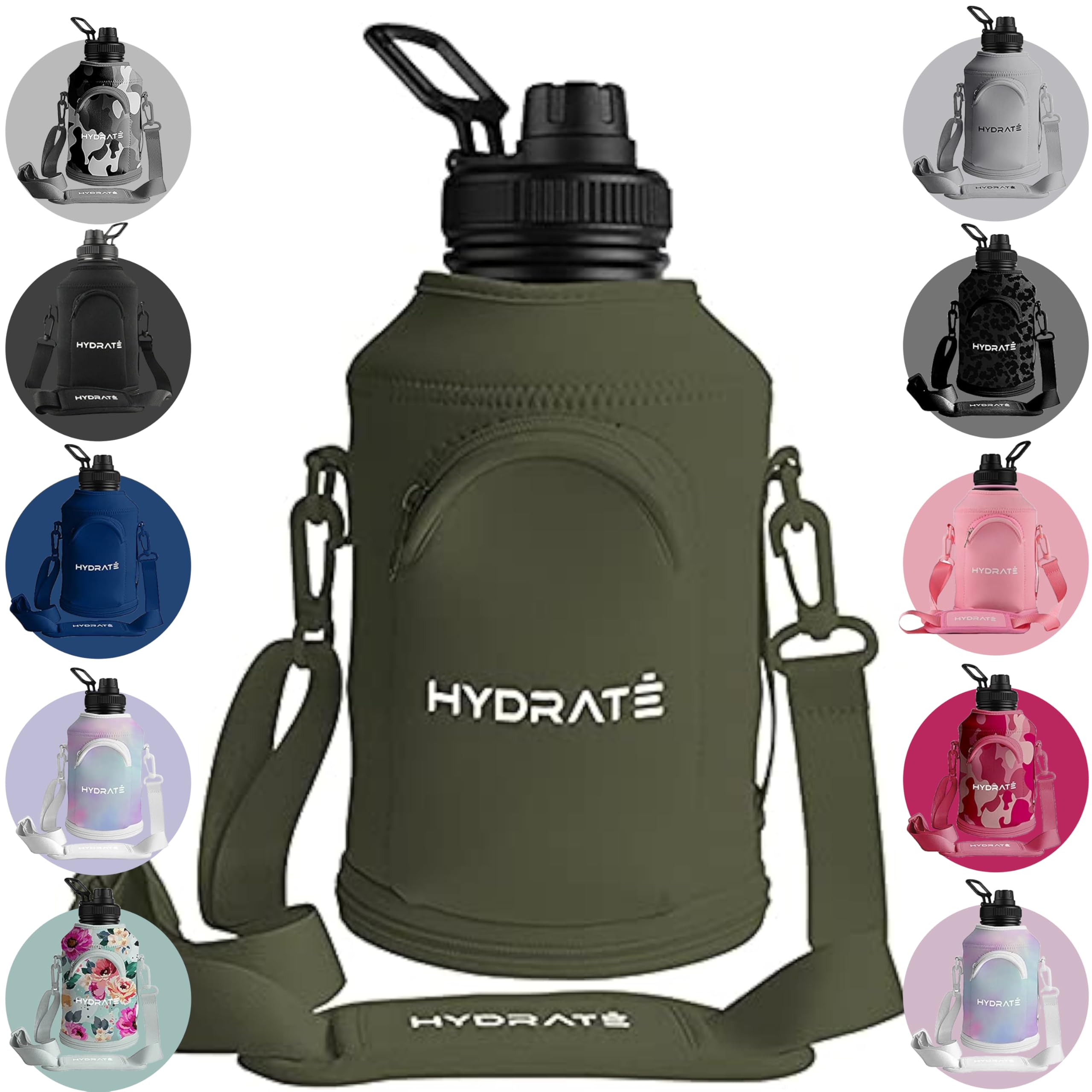 HYDRATE XL Jug Stainless Steel Carrier Sleeve 1.3 Litre - Neoprene Holder with Phone Pouch - Water Bottle Carrying Strap and Storage Case - Convenient Hydration Accessories for Travel (Camo)