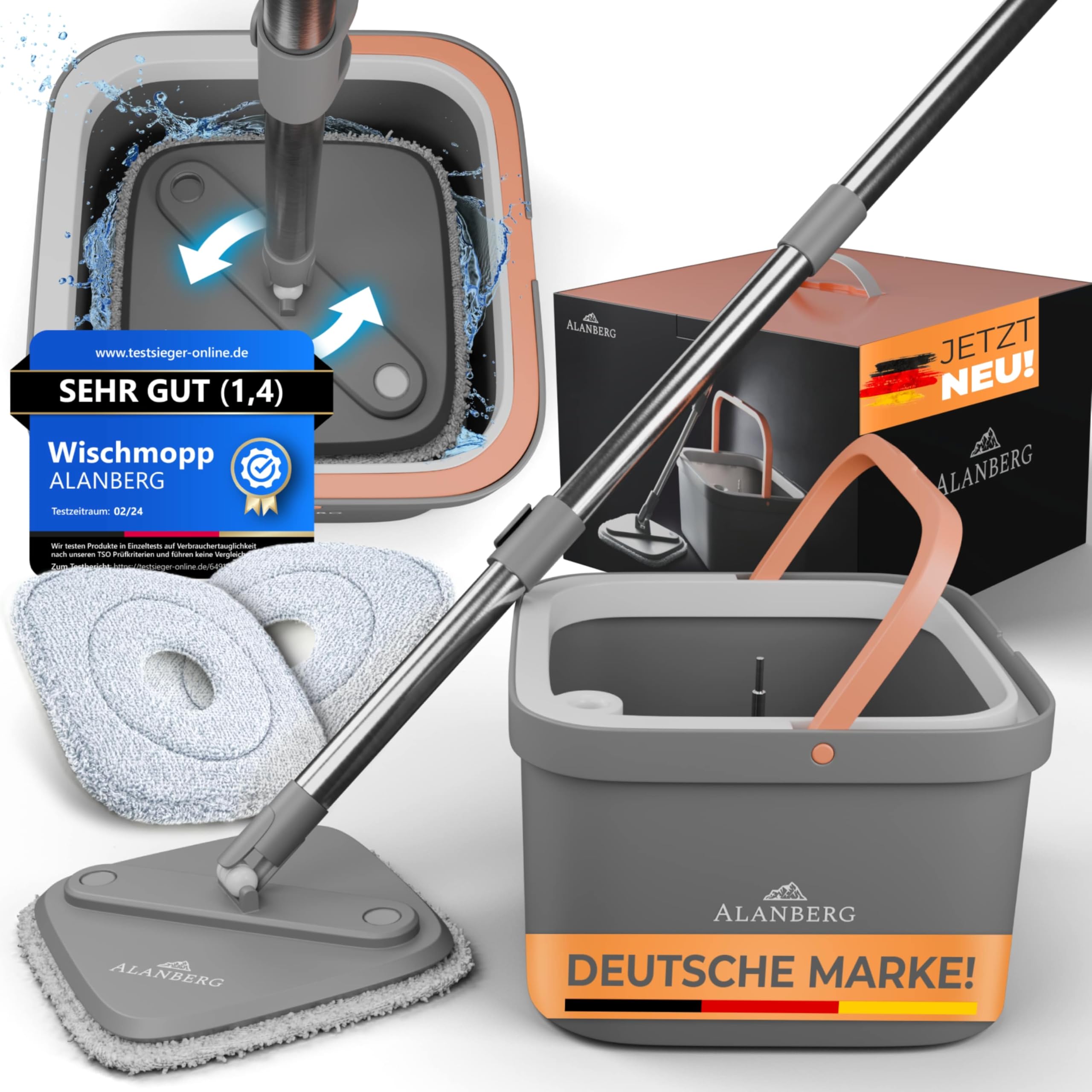 Wischmopp Set mit Eimer, 2-Kammer-System & 2 Mikrofaser-Pads, Flachmopp Bodenwischer mit Edelstahlstiel & Auswringfunktion, Nass- und Trockenmopp für Home & Bodenreinigung, Grau – ALANBERG®