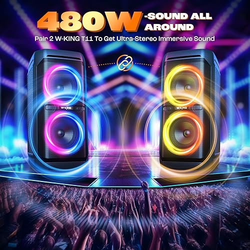Miniatura 5 de W-KING Altavoces Bluetooth de 100 W V5.3, IPX6 impermeable portátil con graves profundos/110 dB enorme sonido/DSP, karaoke al aire libre con
