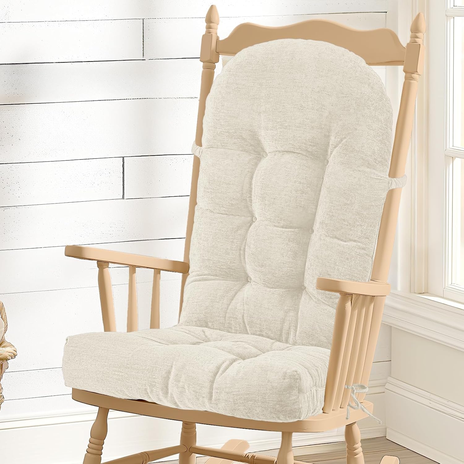 Rocking Chair Cushion - Chenille Fabric, High-Density Sponge, Durable Comfort Double-Sided Tufted Seat Pads with Ties, Chenille?Oyster White, 44x19x4 inch Oyster White?double-sided 44x19x4 Inch