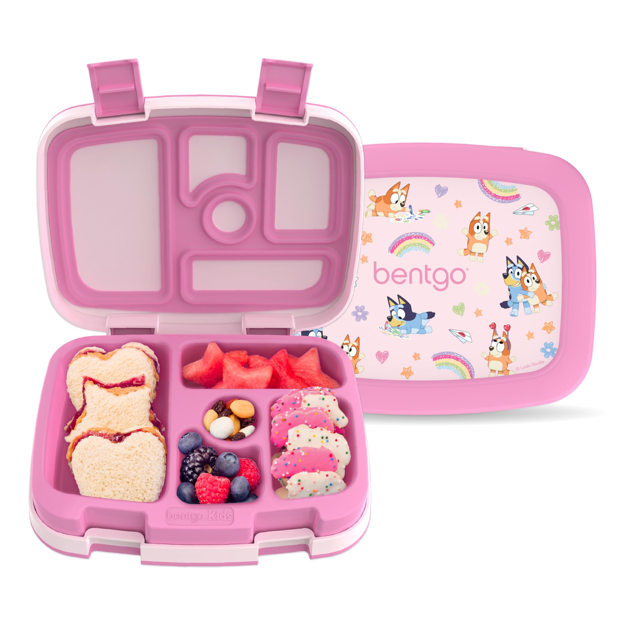 Bentgo + BLUEY Kids Prints Leak-Proof, 5-Compartment Bento-Style Kids Lunch Box - Ideal Portions for Ages 3-7, Durable, Drop-Proof, Dishwasher Safe, & PFAS & BPA-Free Materials (Hearts & Crafts)