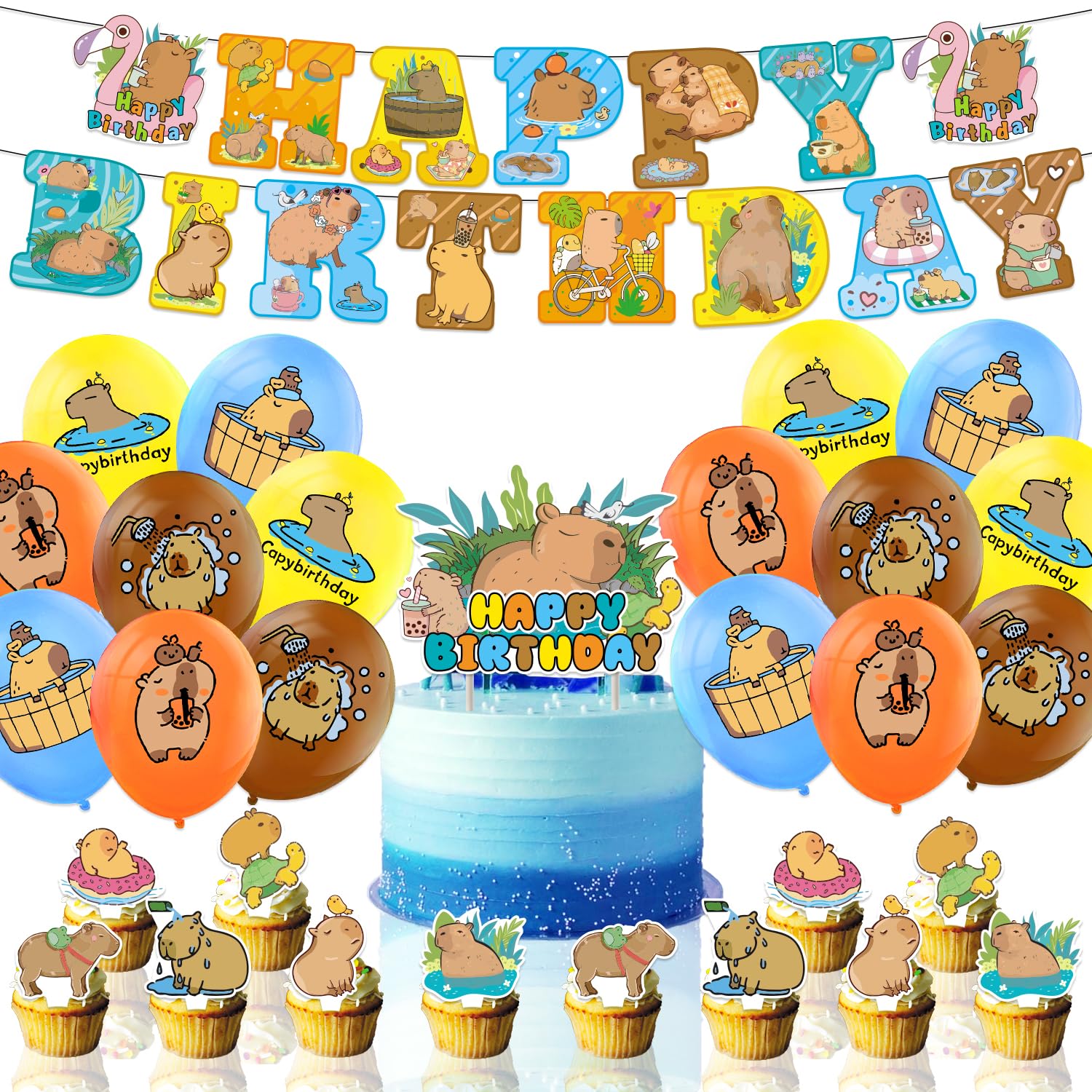 ADQPPUHR 32PCS Capybara Theme Birthday Decoration,Capybara Theme Party Includes Birthday Banner Huggy Latex Balloons Cupcake ToppersFor CapybaraCreative Party Birthday Party Christmas Supplies Kids