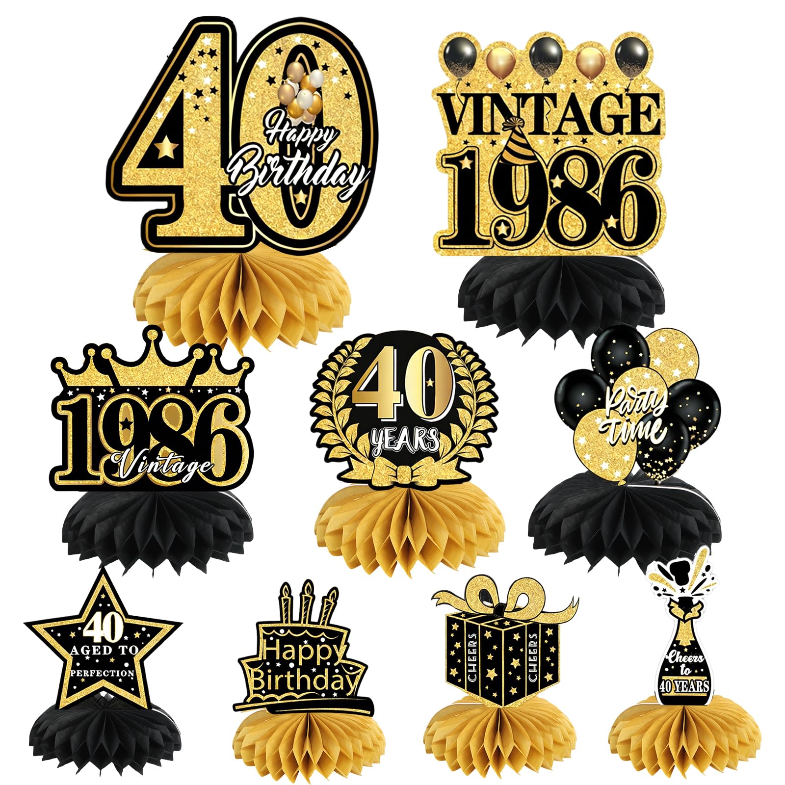 40th Birthday Table Decorations, 9Pcs Black Gold Honeycomb Centerpieces, Birthday Party Supplies for Women Men (40th Birthday)