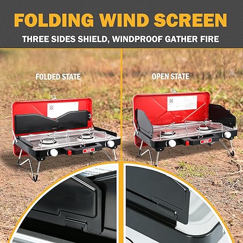 Miniatura 6 de FEASTO Estufa de propano con dos quemadores ajustables de alta potencia a prueba de viento y dos patas plegables, conveniente para acampar al aire