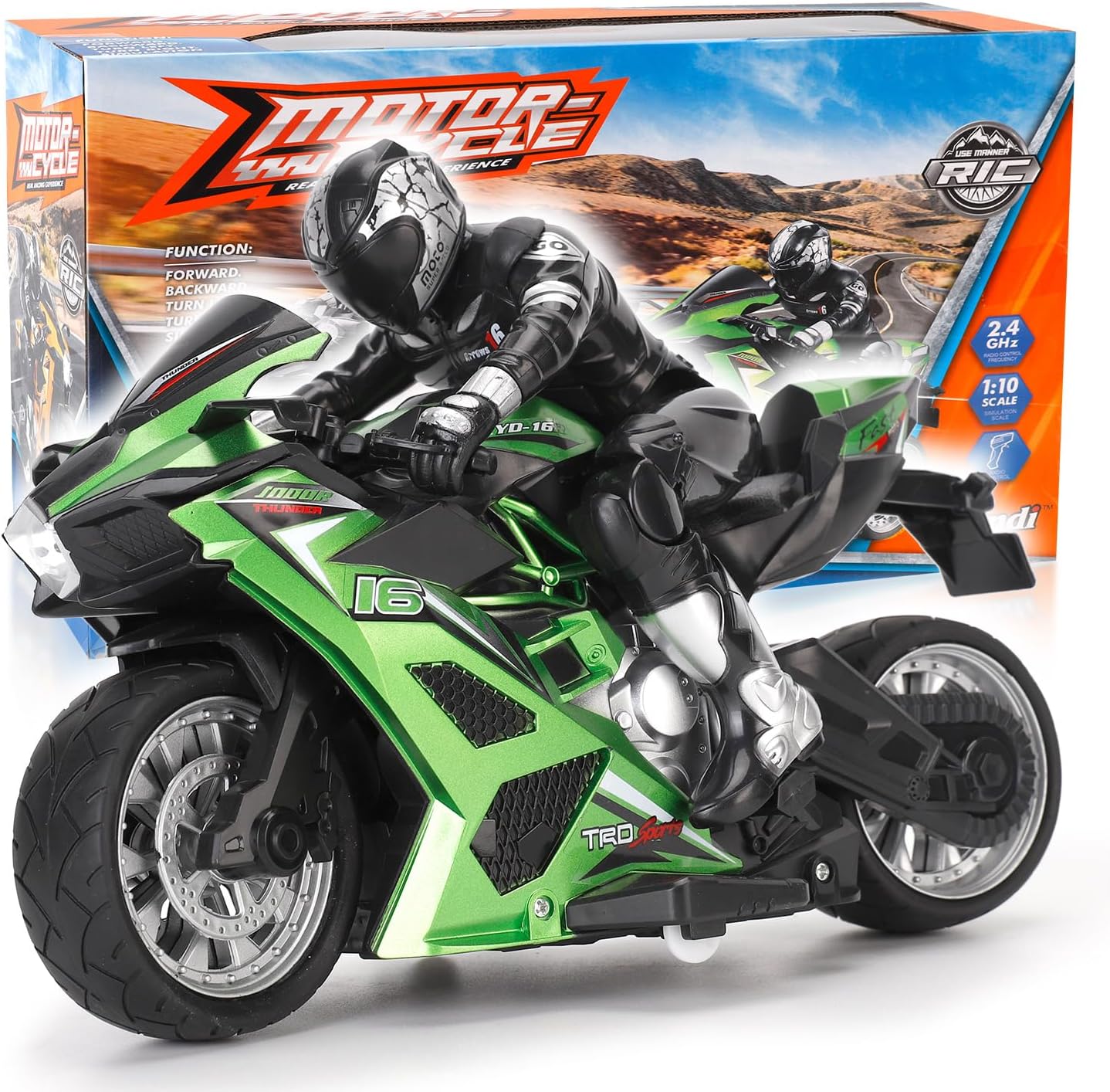 Liberty Imports 2.4G RC Remote Control Stunt Motorcycle with Riding Figure, 1:10 Scale High Speed Cross Country 360 Degree Rotation Drift Shockproof Racing Motorbike (Green)