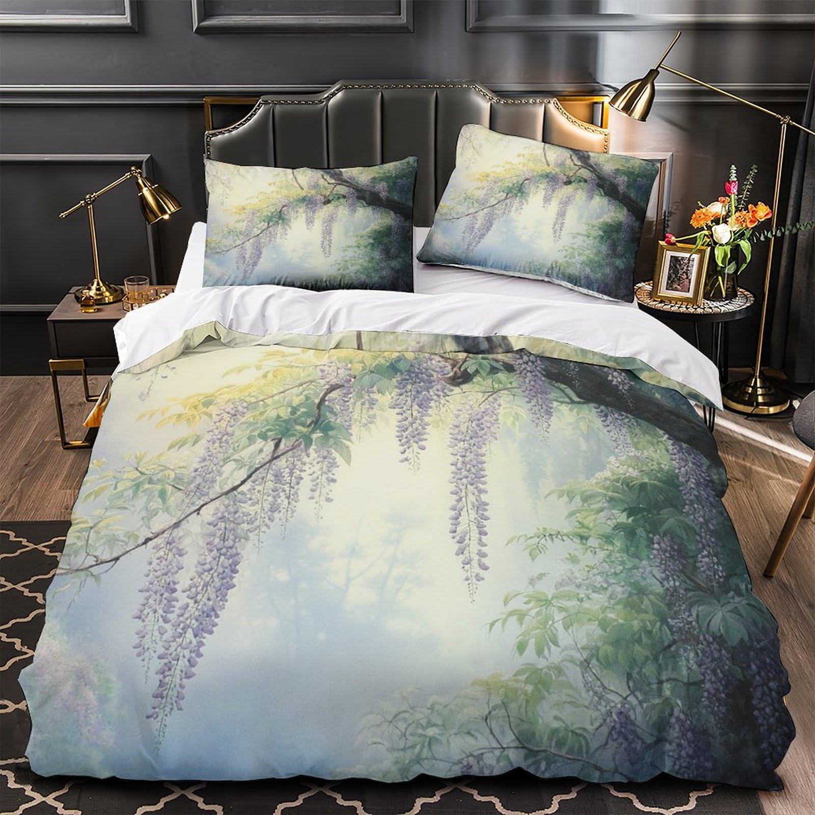 Wisteria Blooms Comforter Cover 3D Design Printed Premium 3 Pcs Bedding Set Zipper Botanical Garden Duvet Cover Super Soft Hypoallergenic for Kids Girls Boys Adults Women Teens Single（140x200cm）