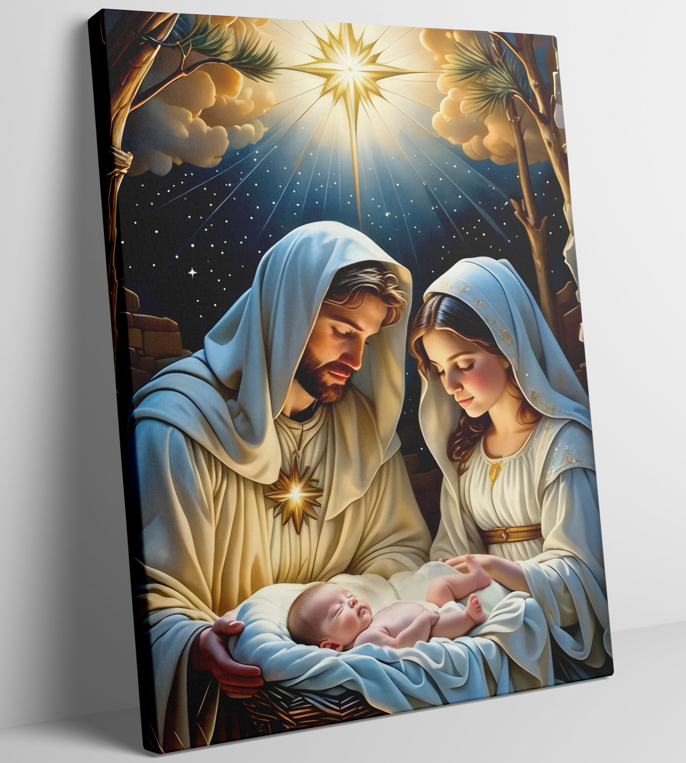 nativity scene canvas wall art christ in a manger jesus mary and joseph painting picture wall decor star of bethlehem poster print artwork for living room nursery bedroom church home decoration