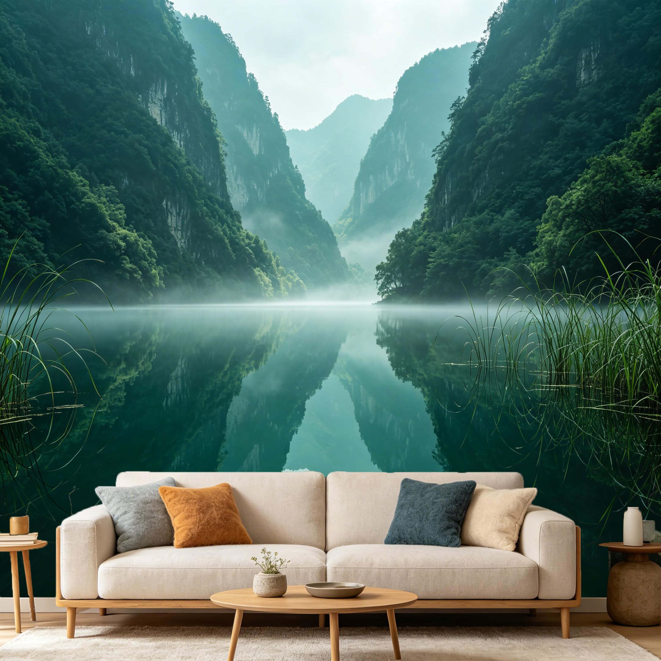 Custom Size Wall Mural Mountain Lake Landscape Misty Forest Reflection 3D Nature View SelfAdhesive Art Prints wall Fabric（No PVC） Removable Wallpaper Home Bedroom Decor