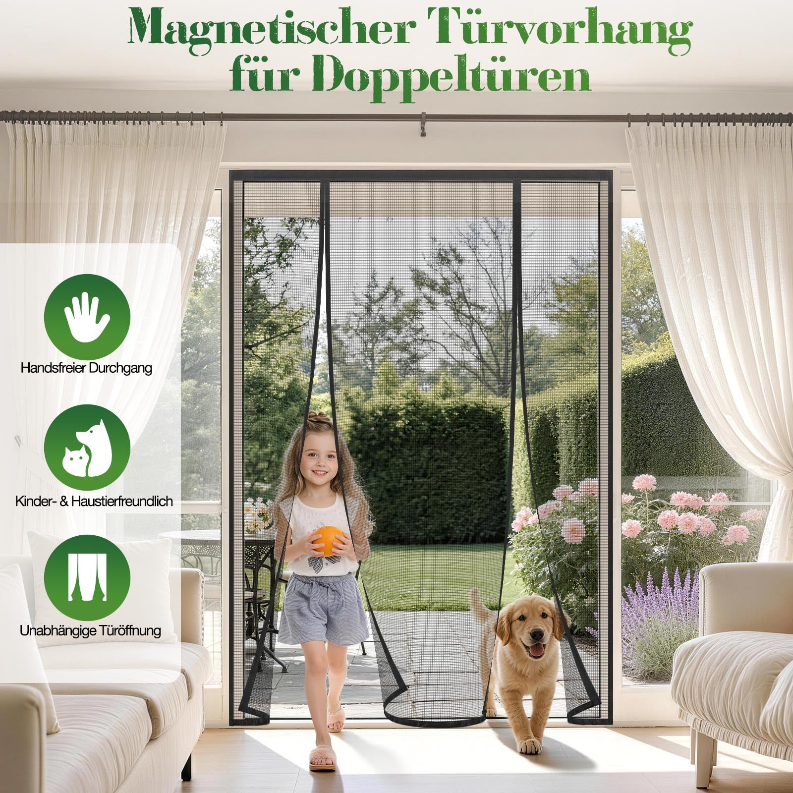 Magnet Fliegengitter Balkontür 170x210cm, Insektenschutz Doppeltür für Balkontür Terrassentür Schiebetür, Ohne Bohren Klebemontage, Stärkere Magnete, Schwarz