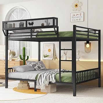 Queen Over Queen Metal Bunk Bed with Ladder and Storage Shelf, Space-Saving Sturdy Frame for Adults and Teens, Black