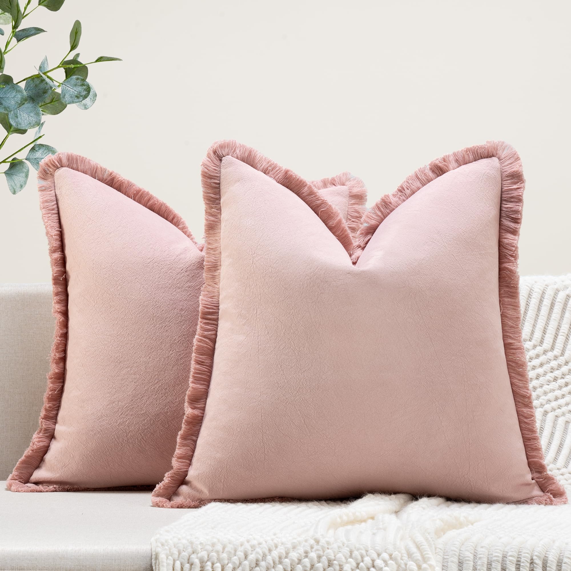 ZWJD Pillow Covers 18x18 Set of 2 Dusty Pink Throw Pillow Covers with Fringe Chic Cotton Decorative Pillows Square Cushion Covers for Sofa Couch Bed Living Room Farmhouse Boho Decor