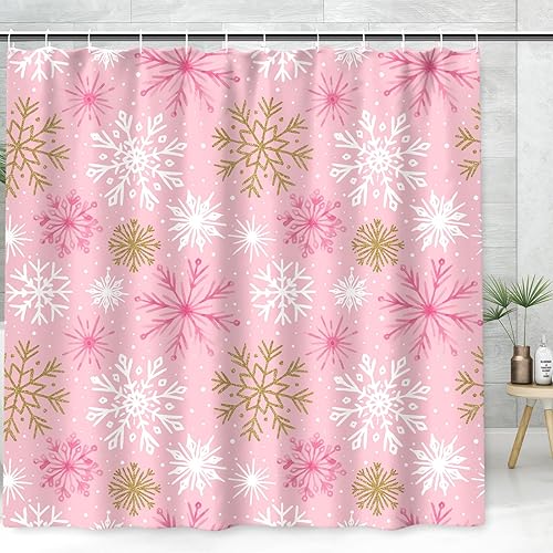 Miniatura 1 de AnyDesign - Cortina de ducha de invierno de 72 x 72 pulgadas, cortina de ducha de tela de copo de nieve de oro rosa con 12 ganchos, cortina de baño