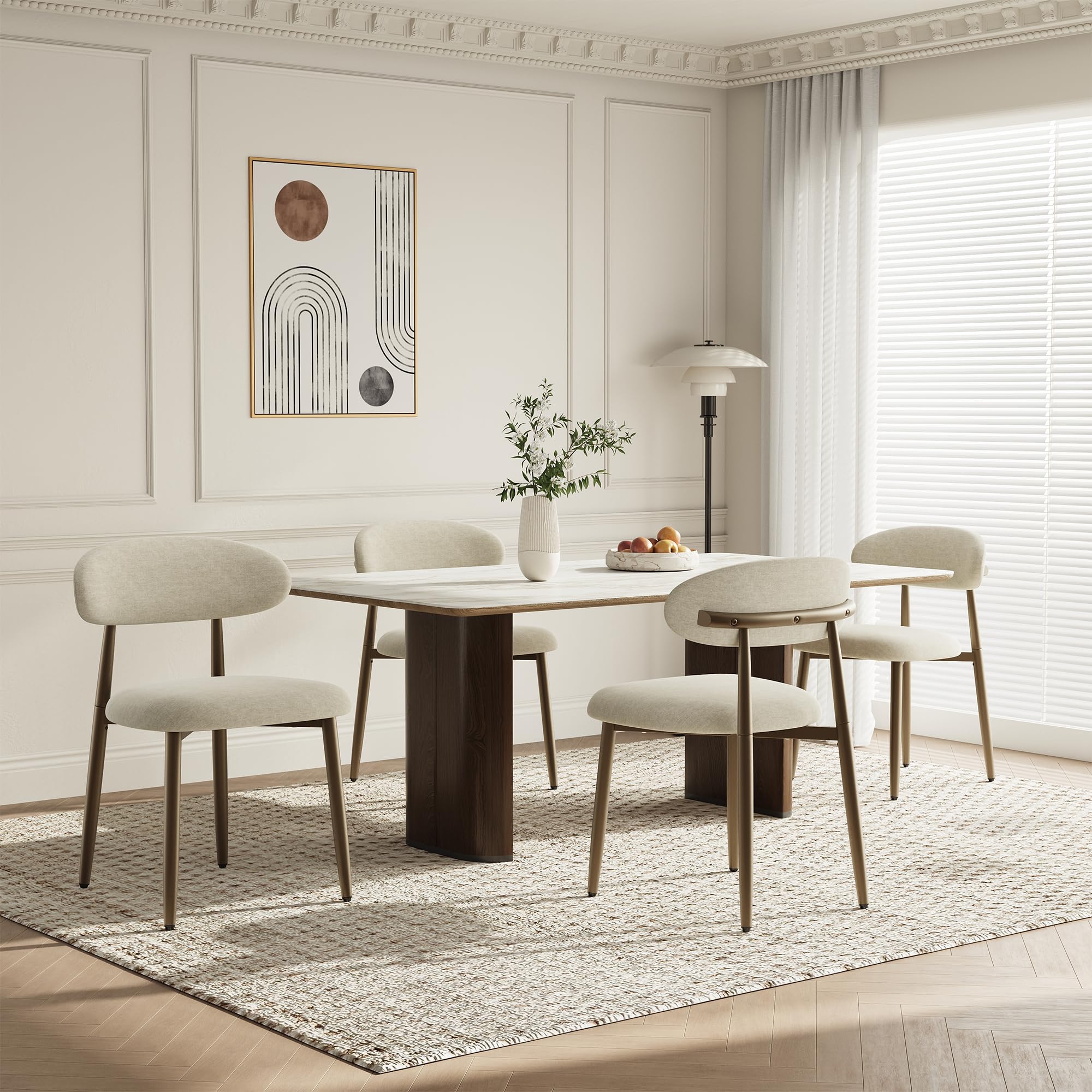 Dining Chairs Set of 4, Upholstered Dining Room Chairs with Ergonomic Curved Backrest, Metal Frame Kitchen Chairs, Modern Fabric Accent Chairs for Dining Room, Kitchen, Living Room, Bedroom,Camel