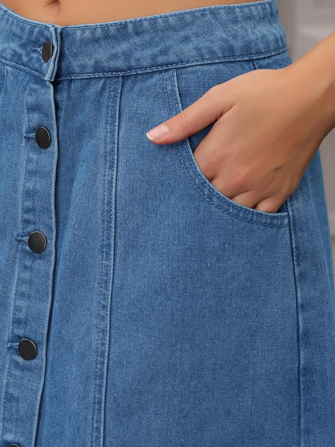 Women's Denim Skirt Button Down Front High Waisted Pockets A Line Midi Jean Skirts - Image 5