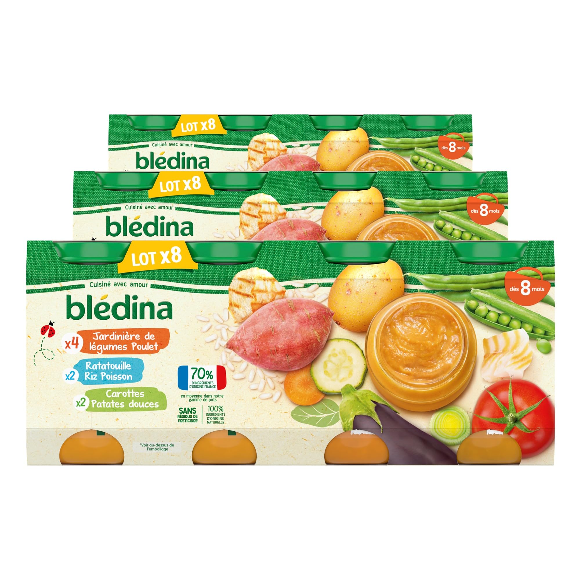 Blédina Petits Pots pour bébé, Dès 8 Mois, Légumes Poulet / Ratatouille Riz Colin / Carotte Patate Douce, 24x200g (3 packs)