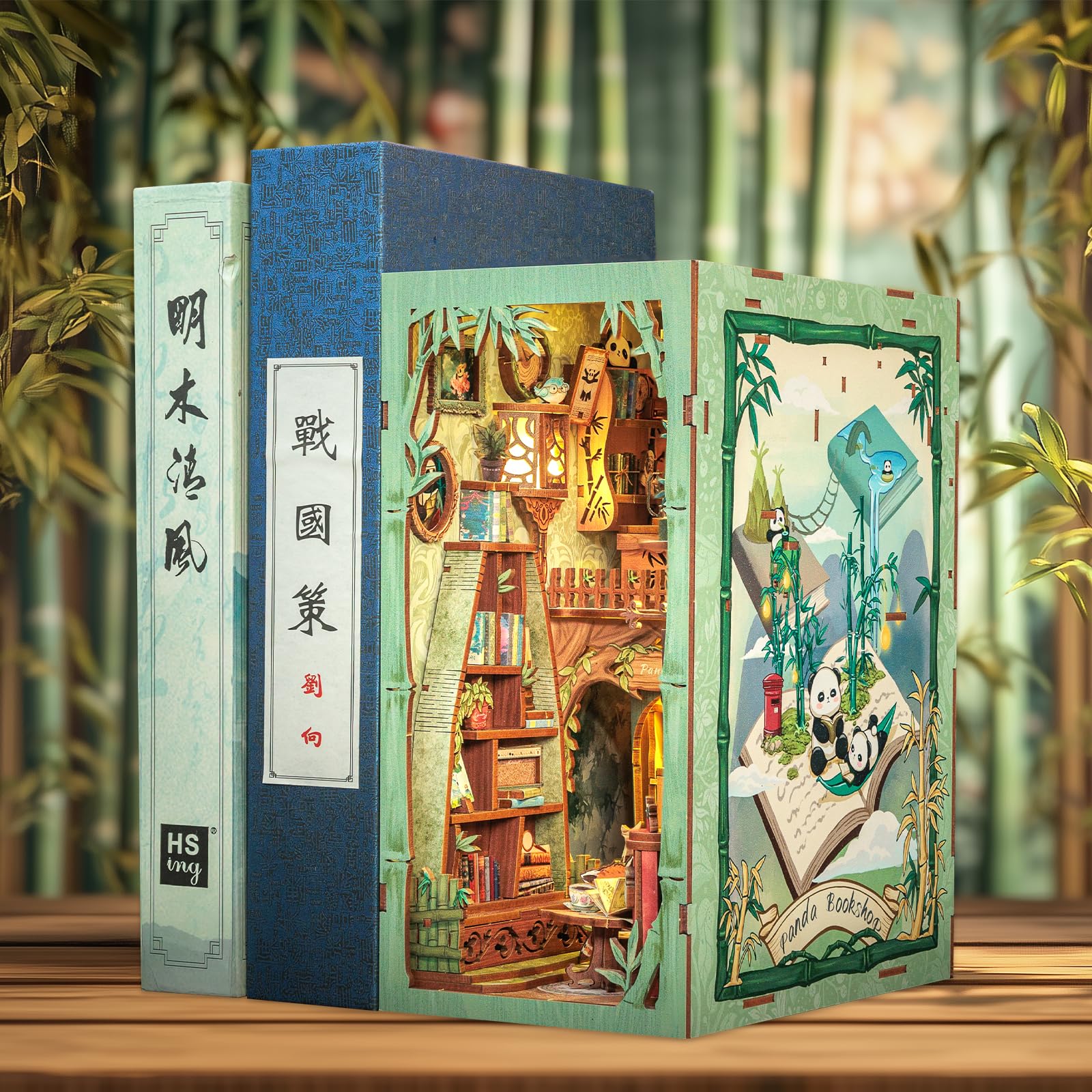 Fsolis Book Nook Kit, Per adulti Case delle bambole in miniatura con luce LED, Per reggilibri Libreria Libreria Decorazione 3D Puzzle in legno Regali per adulti (Panda Bookshop)