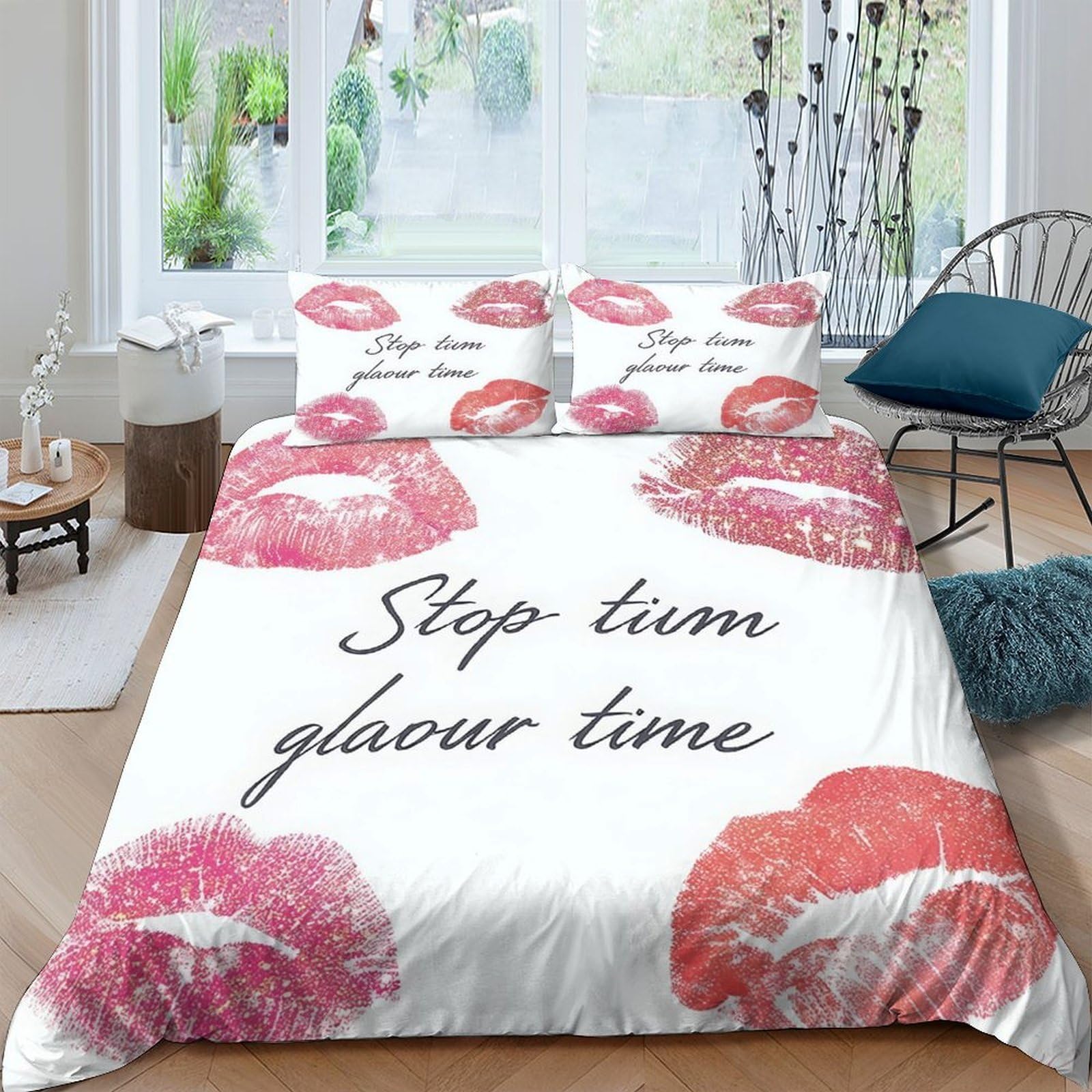 Ctjqhvkz Style-1 3D Printed Lip Kiss Fitted Sheet Microfiber Breathable Glamour Quote Bed Cover For Bedroom Dorm Room Modern Decor Single（135X200cm）