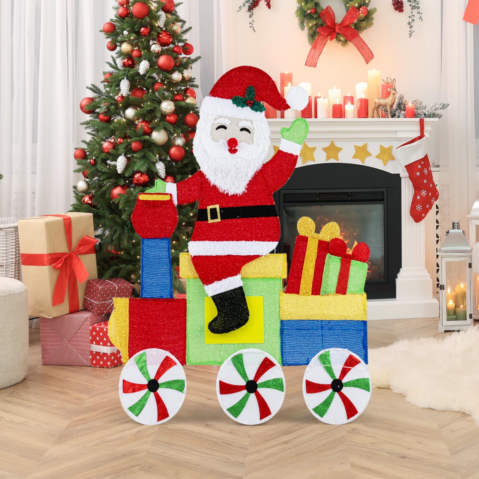 SOARS LED Weihnachtsmann 2D, Weihnachtsfigur groß 120cm im Zug, Weihnachtsdeko Outdoor mit 133 warmweißen LEDs, Weihnachtsdekoration wetterfest, Weihnachtsbeleuchtung für innen & außen
