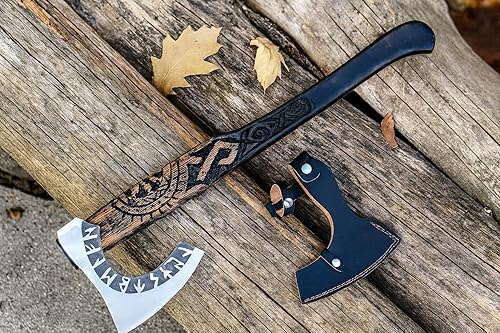 SHINY CRAFTS® Hacha vikinga hecha a mano – Hoja nórdica grabada con mango de madera, regalo único para hombres, coleccionistas y entusiastas de la