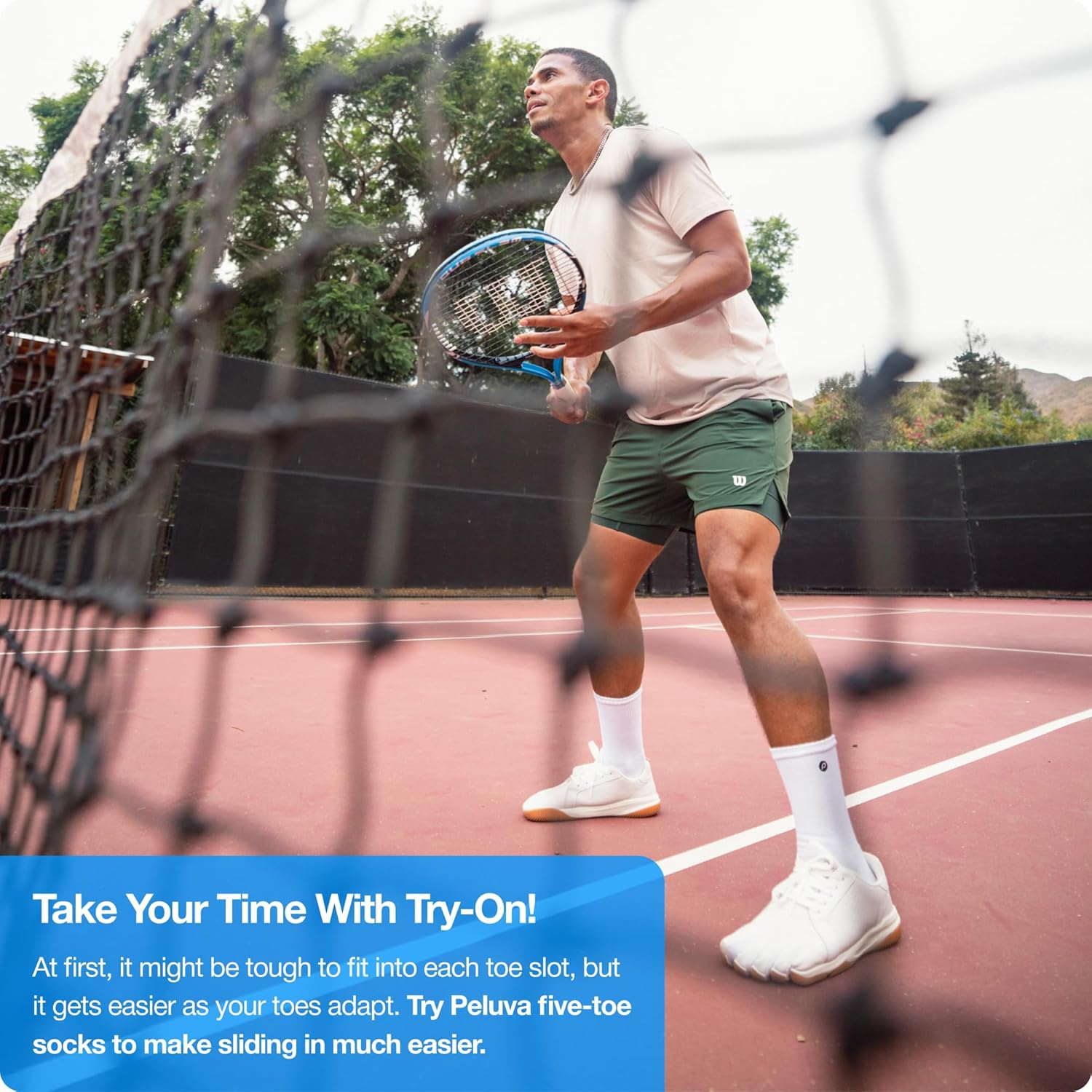 Peluva Court Ad-in | Men's Five Toe, Zero Drop Tennis Shoe | Minimalist Barefoot Court Trainer | Perforated Leather Upper & Herringbone Gum Rubber Outsole