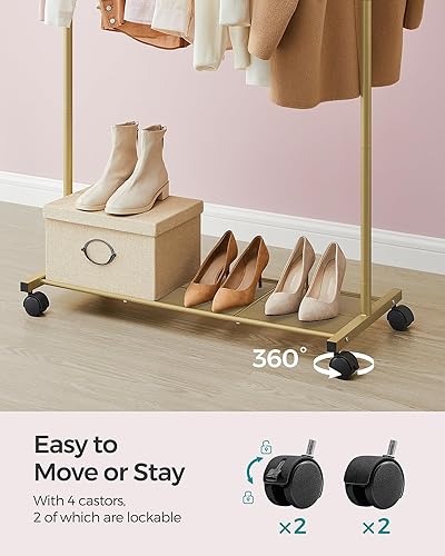 Vista 52 de SONGMICS Perchero de doble barra con ruedas, perchero para colgar ropa, perchero resistente con estante de almacenamiento de malla, 2 frenos, cada