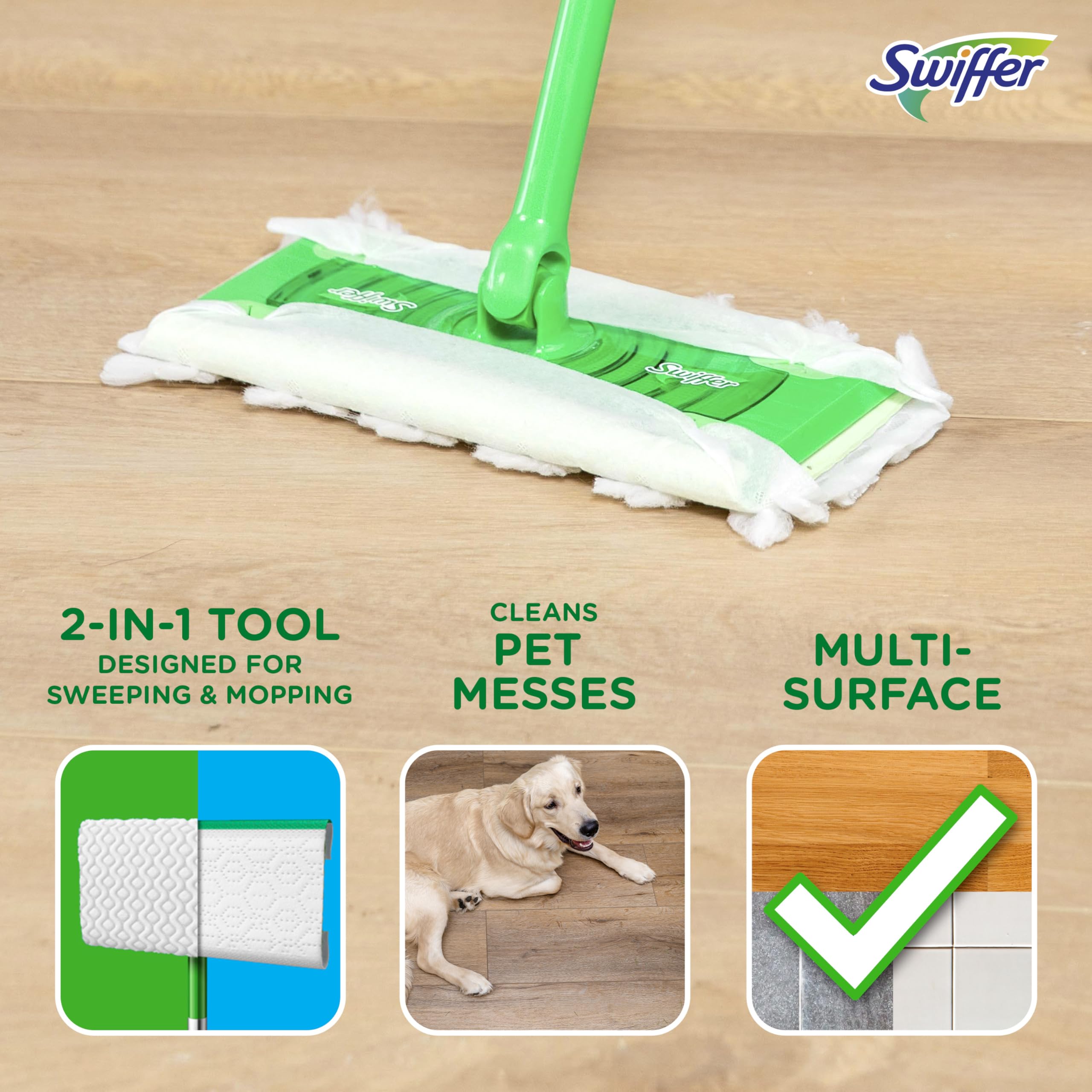 Swiffer Limpiador para Mascotas + fregona, Escoba y trapeador, Limpiador de Suelos Secos y húmedos para Suciedad, Polvo, Cabello, Herramienta de Limpieza Multiusos para el hogar, baño, Cocina, el