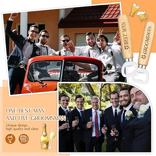 Miniatura 6 de 6 piezas de abrebotellas de boda de madera para padrinos de boda, abrebotellas de padrinos de boda, juego de 6 abridores de tapas para recuerdos de