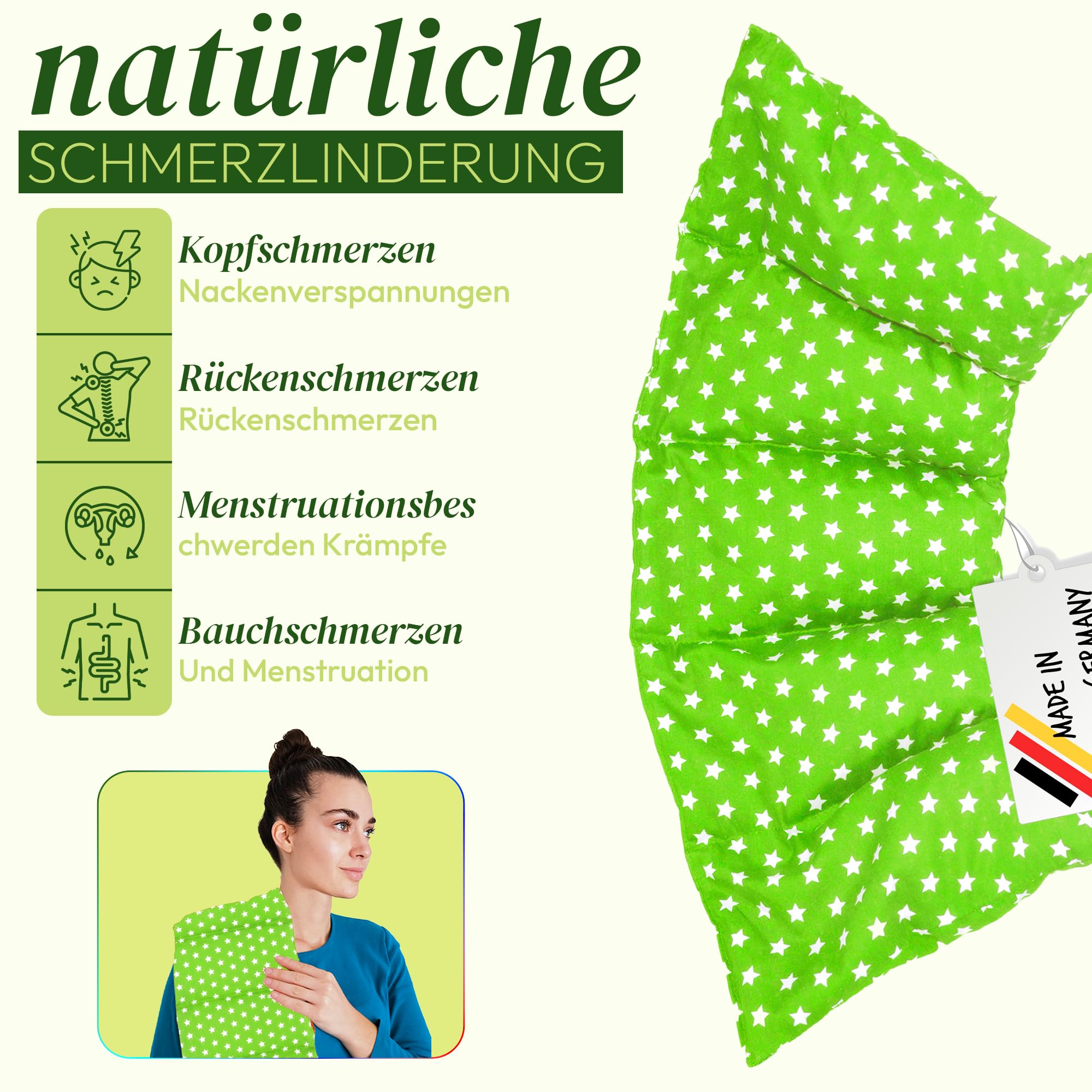 Grande cuscino con noccioli di ciliegia – Cuscino riscaldante per forno a microonde (cuscino termico) – Cuscino lungo – Cuscino con noccioli di ciliegia (verde chiaro)